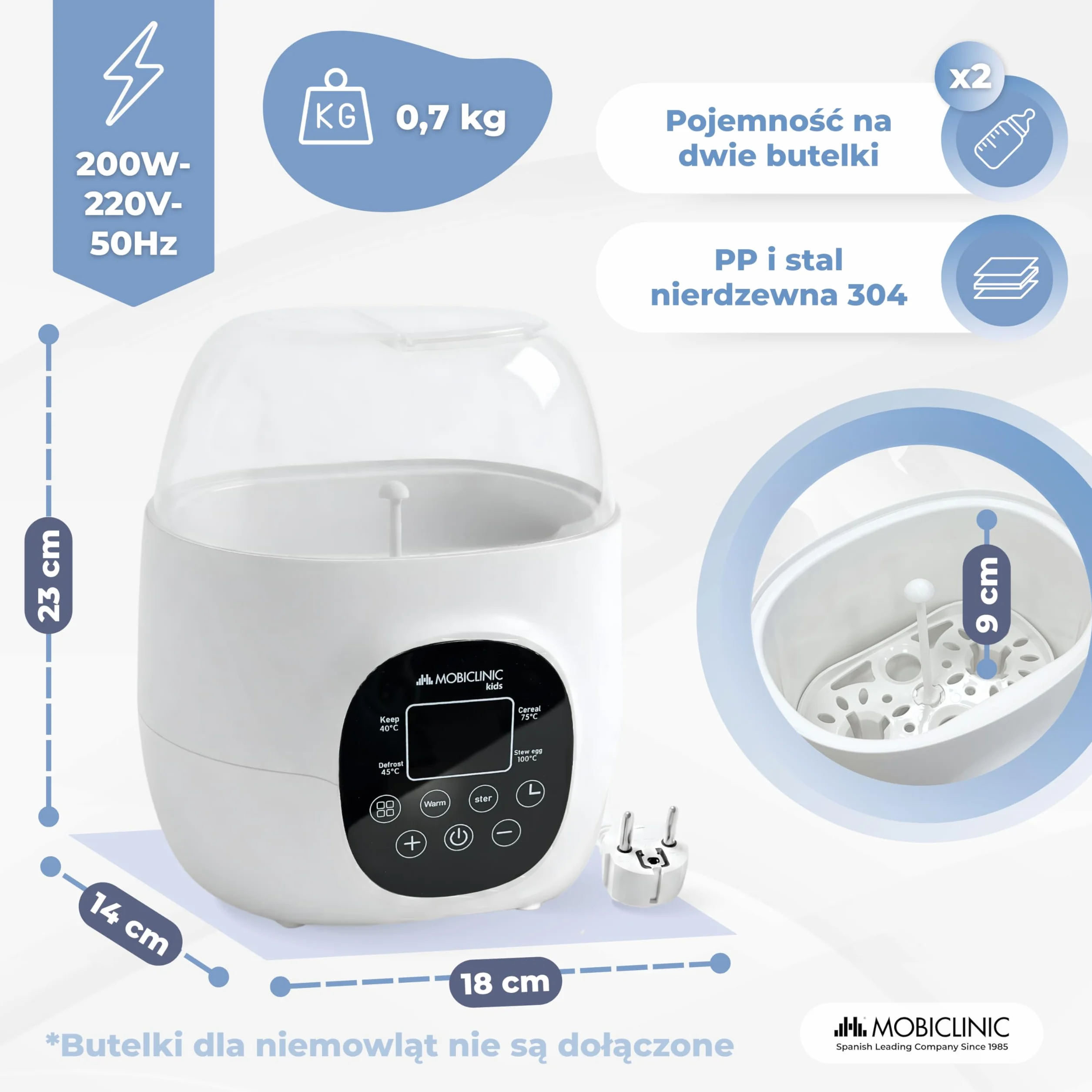 Mobiclinic Podgrzewacz i Sterylizator do Butelek 6 w 1 Podwójna Pojemność Programowalny