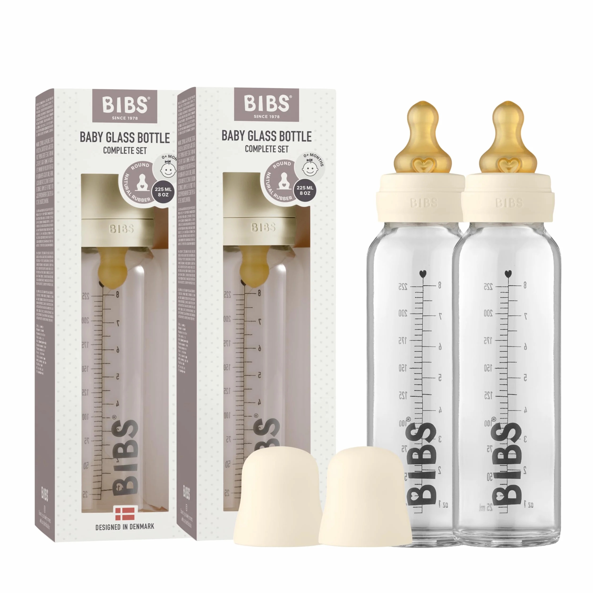 BIBS Butelka ze szkła Antykolka 225 ml Zestaw 2 szt. Okrągły smoczek z naturalnego lateksu