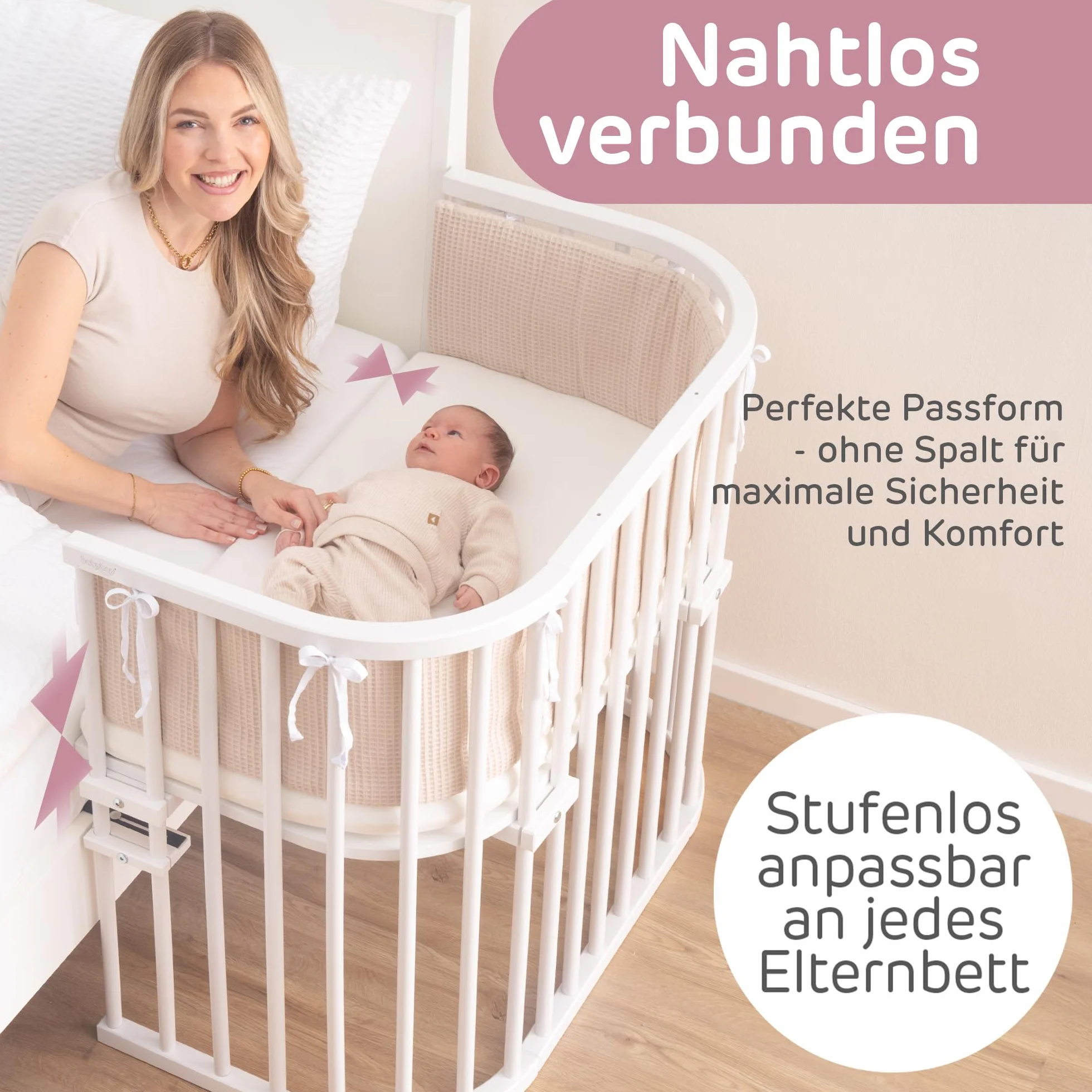 babybay Maxi bardzo duże łóżko dostawne z litego drewna bukowego/łóżko dziecięce, wysokość regulowana bezstopniowo, przyjazne dla środowiska, z materacem, kratką, rolkami (lakierowane na biało)