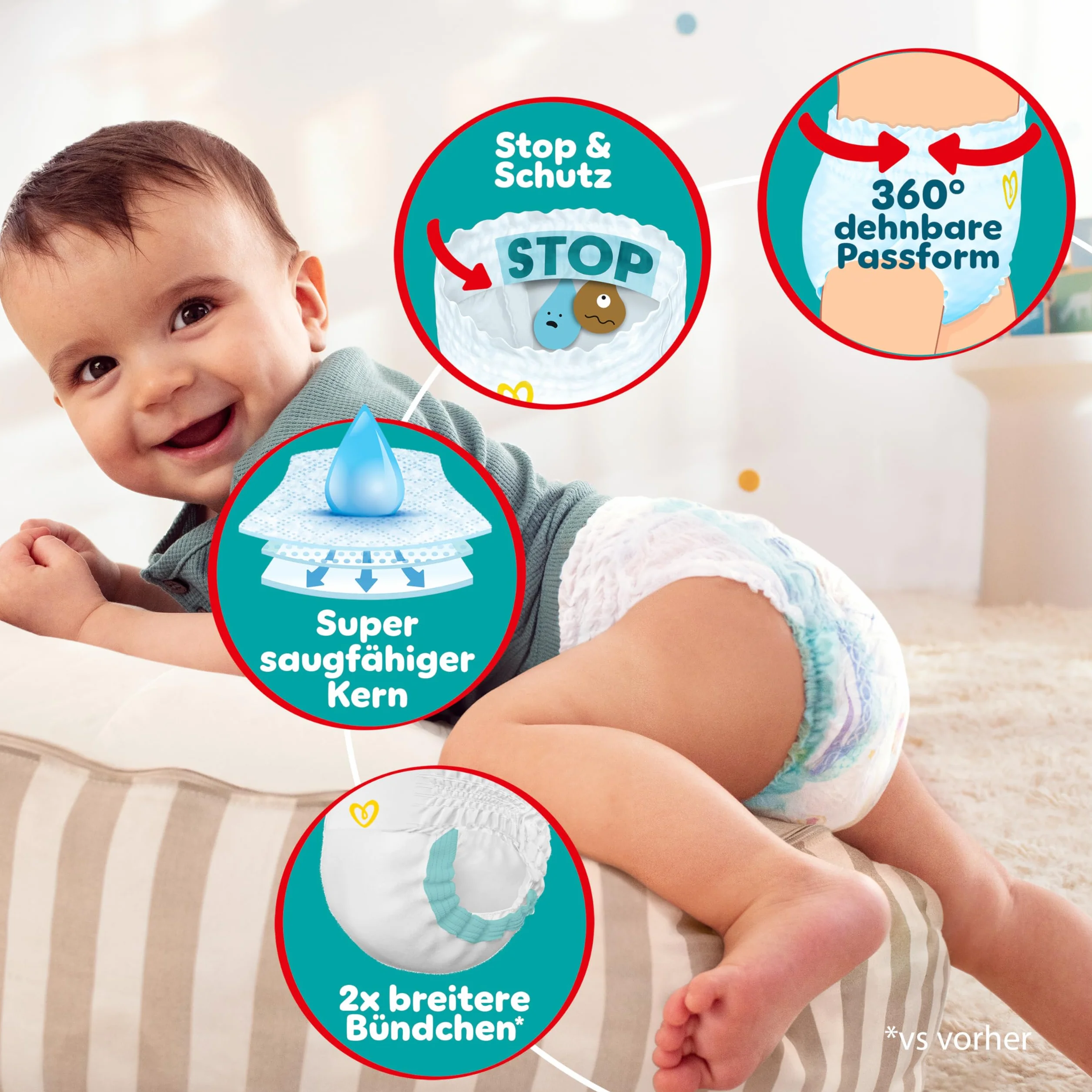 Pampers Spodnie Baby-Dry. Rozmiar 4, 180 pieluch-majtek, 9-15 kg, 360° Zabezpieczenie przed wyciekiem z kieszenią Stop & Protect na noc do 100% bez wycieków, opakowanie 1 miesiąc