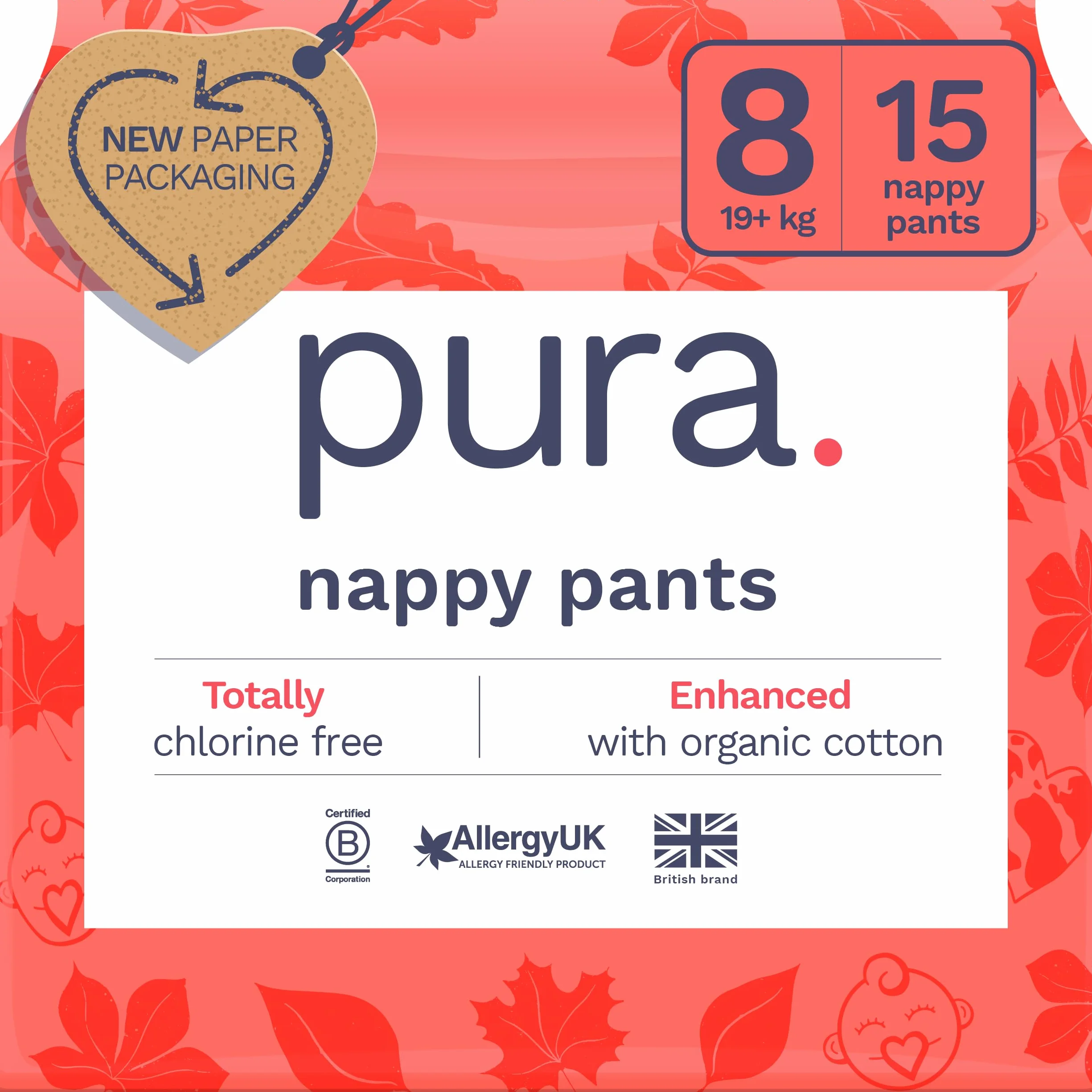 Pura Eco Nappy Pants rozmiar 8 (19 kg+) 15 nóżek odpinane szelki hipoalergiczne bez zapachu