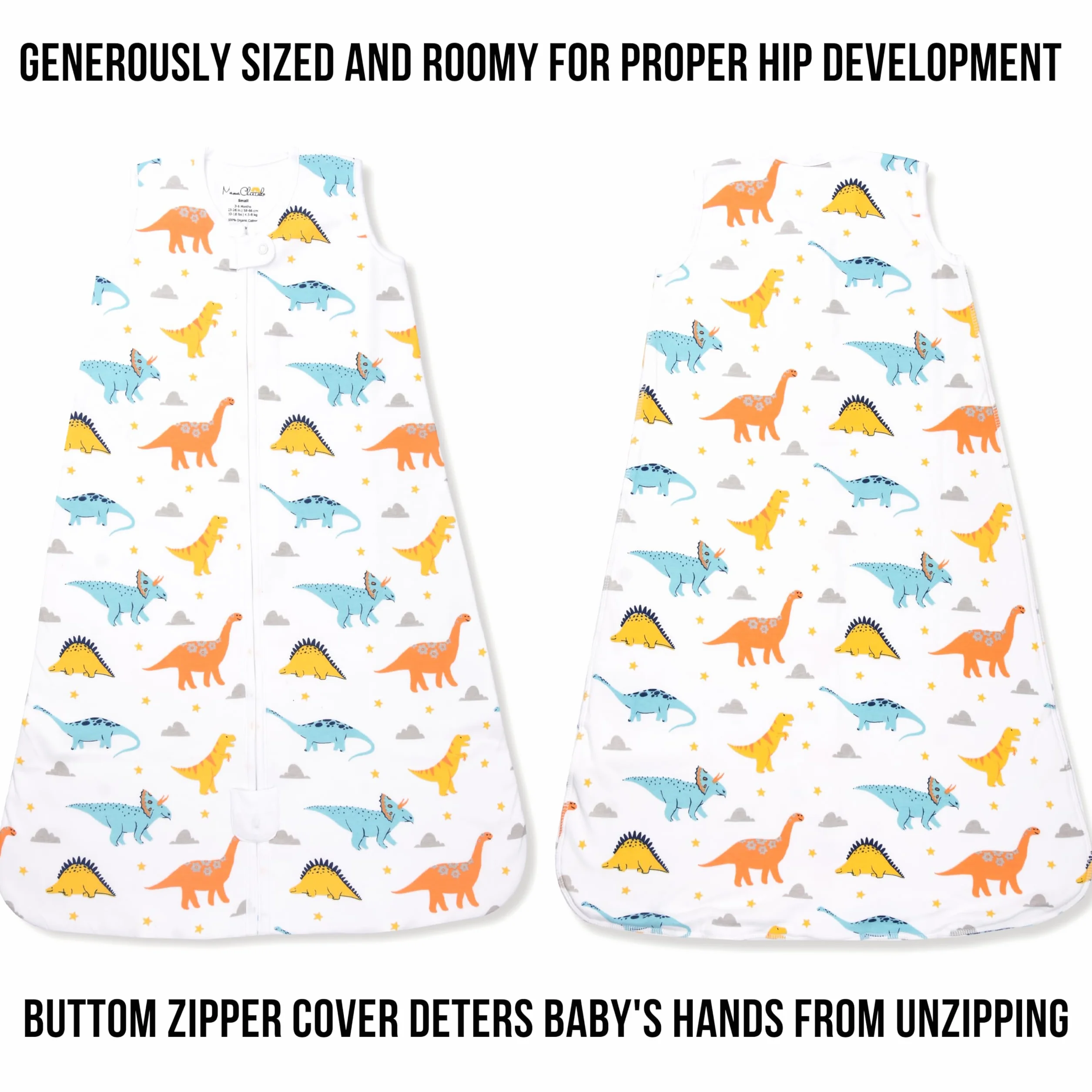 Mama Cheetah Przenośny koc dla niemowląt, śpiwór z bawełny organicznej, śpiwór z podwójnym zamkiem błyskawicznym, Dinozaury 1.0 TOG, Large (12-18 mois)