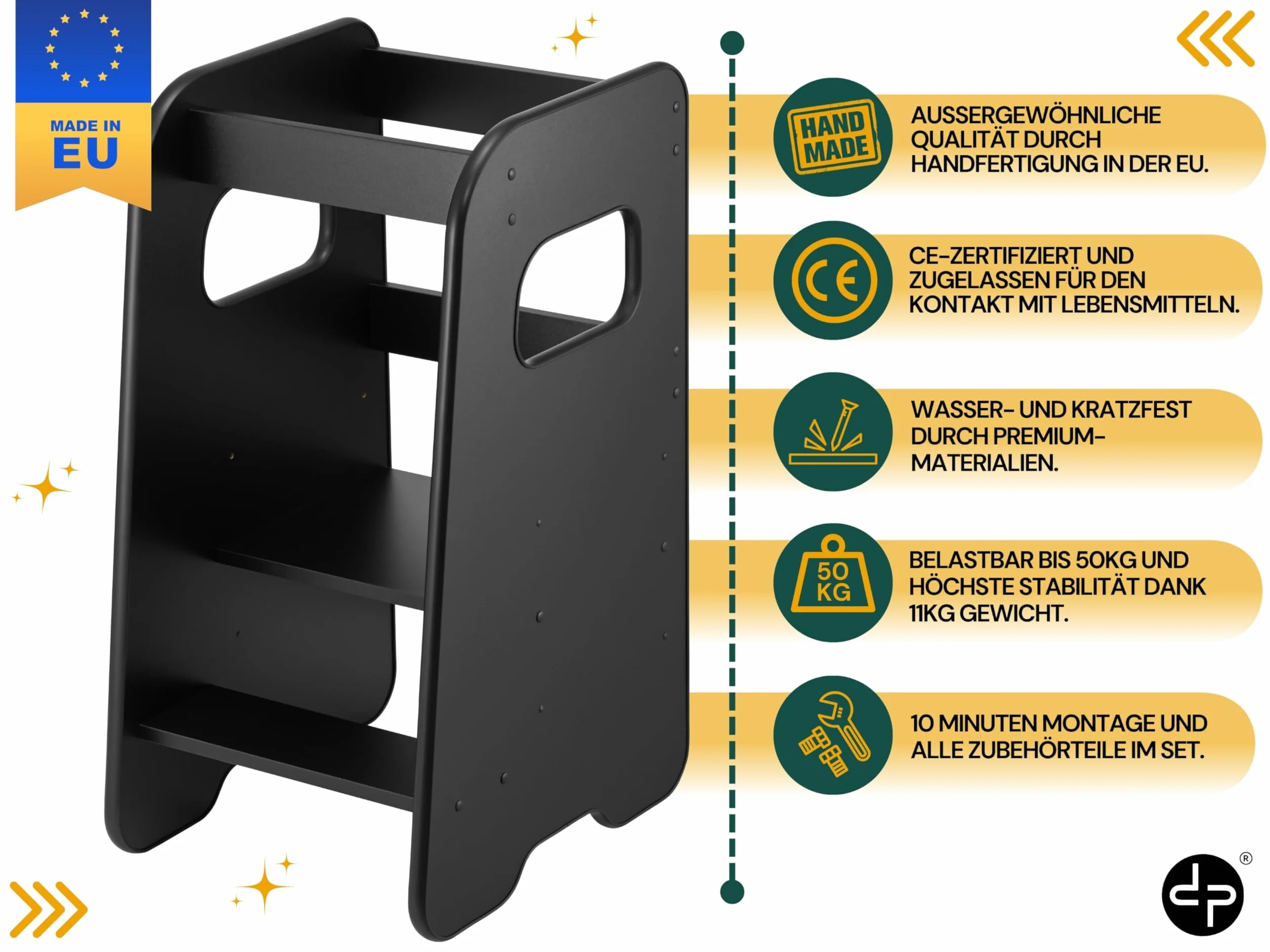 defiPad KH_80_50_B wieża edukacyjna dla dzieci stylowa ochrona przed przewróceniem wieża do nauki z regulacją wysokości najwyższe bezpieczeństwo wieża do nauki od 1 roku mały pomocnik czarny 80 x 50 x