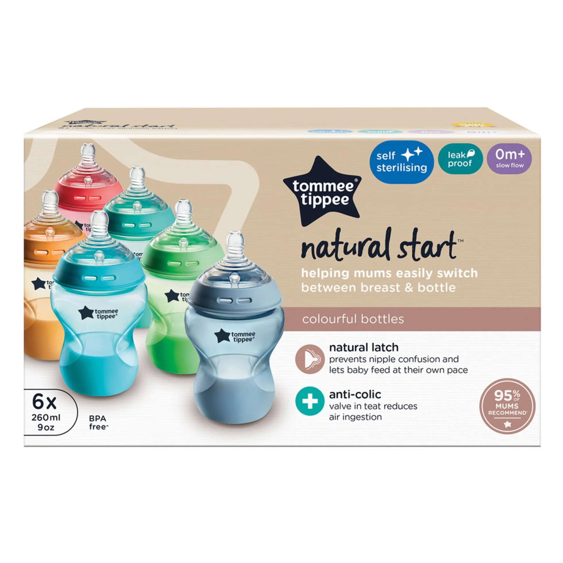 Tommee Tippee Closer to Nature butelki dla niemowląt 260 ml zestaw 6 sztuk Fiesta wielokolorowy
