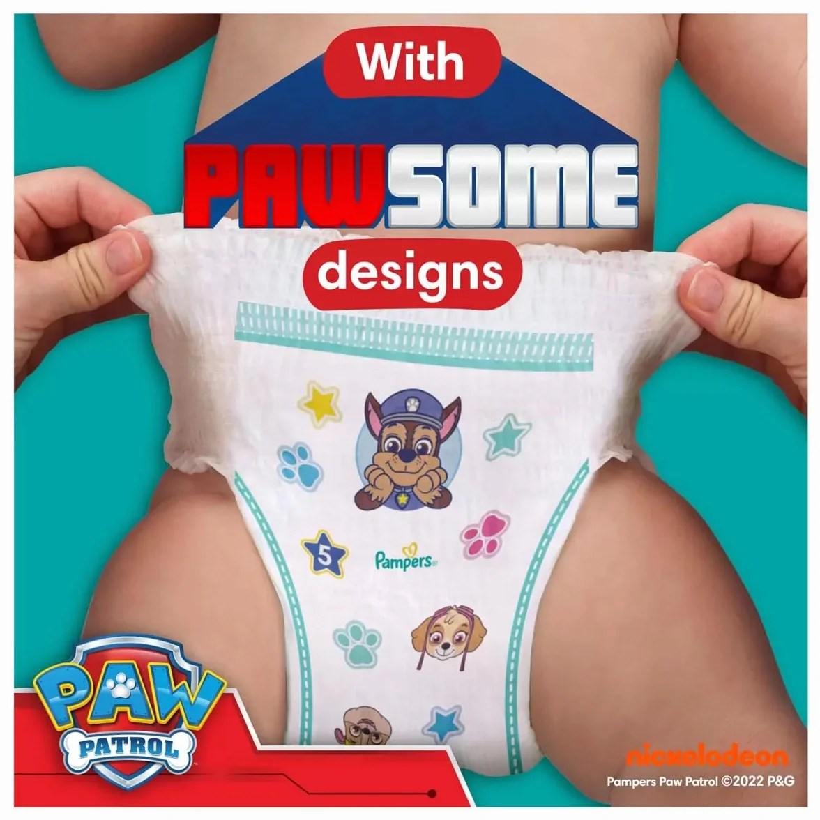 Pampers Pieluchy Psi Patrol Pants rozmiar 5 (12-17 kg) Baby-Dry, Junior z kieszonką zatrzymującą i ochronną, miesięczne pudełko, 160 pieluszek