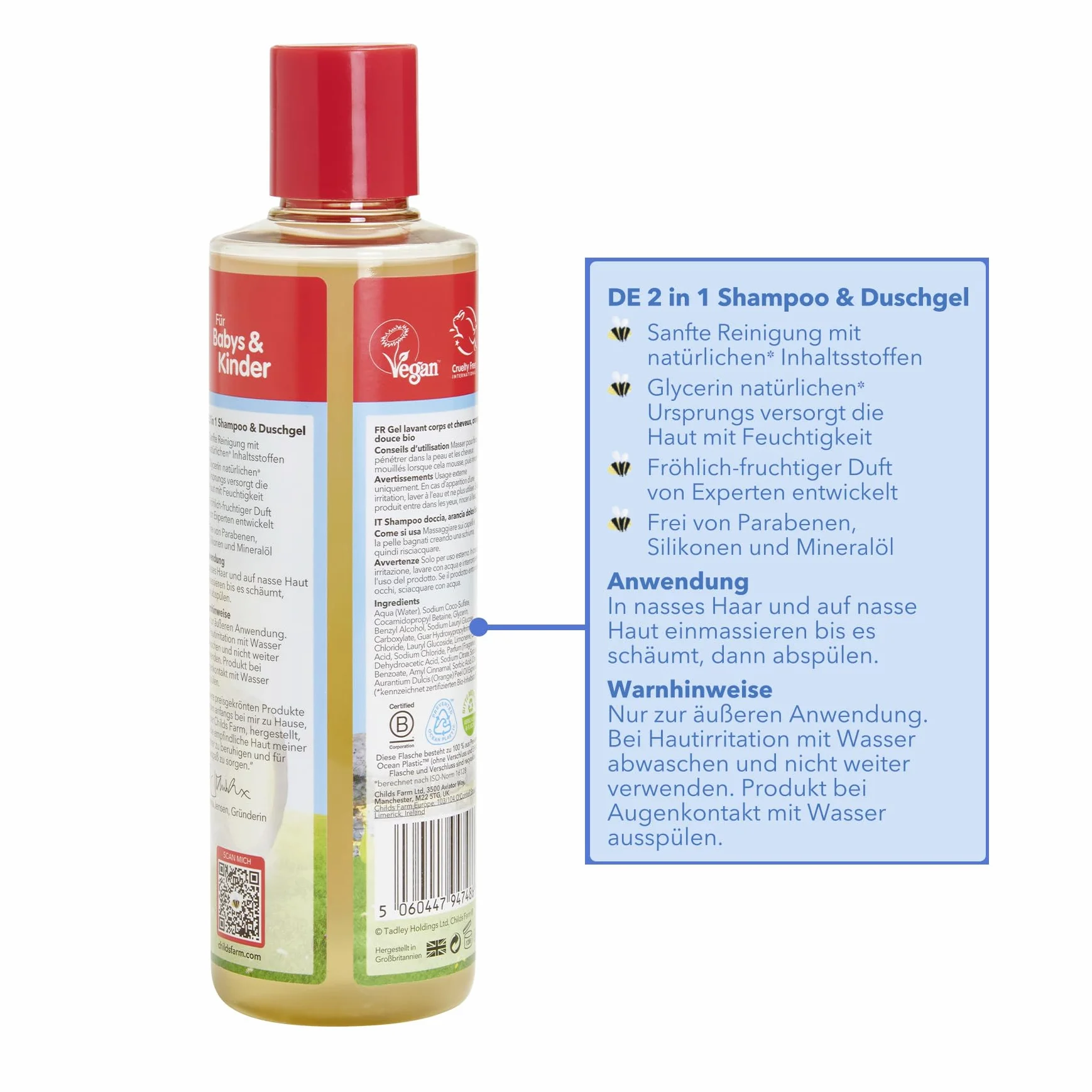 Childs Farm Szampon i żel pod prysznic dla dzieci 2 w 1 250 ml | bio słodka pomarańcza | delikatnie czyści | nadaje się do skóry suchej, wrażliwej i skłonnej do atopowego zapalenia skóry