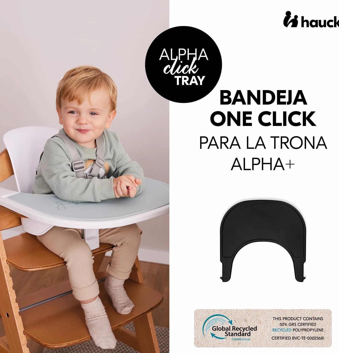 hauck Alpha Click Tray Taca dla dzieci z recyklingu materiału Cert. GRS, łatwa do zamocowania na wysokie krzesełko dla dziecka Alpha+ lub beta+ - czarny