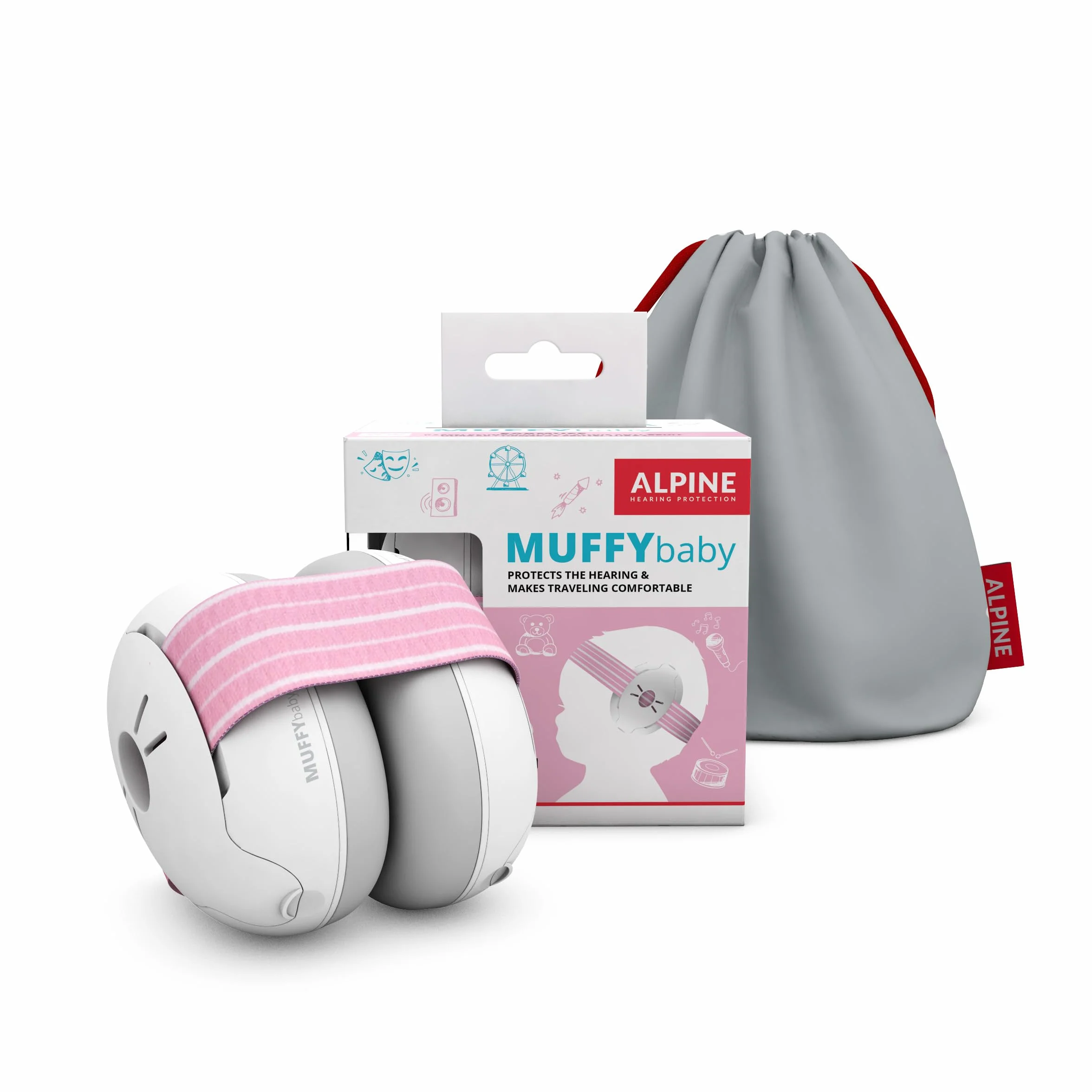 Alpine Muffy Baby nauszniki przeciwhałasowe, ochrona słuchu dla niemowląt i małych dzieci w wieku od 12 do 36 miesięcy, ochrona przed hałasem, zapobiega uszkodzeniu słuchu, poprawia sen w podróży, wygodne dopasowanie, różowe