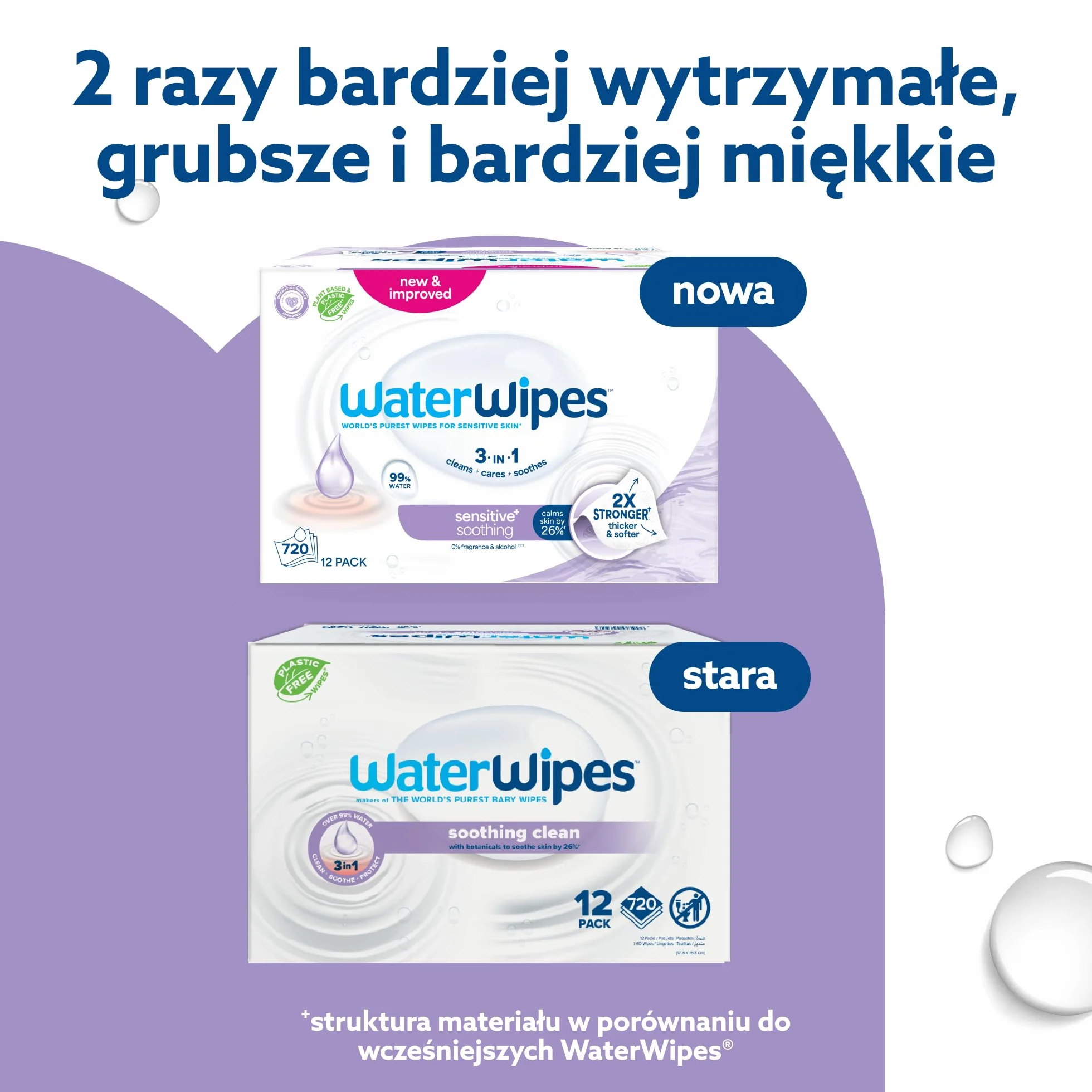 WaterWipes Sensitive+ Soothing Clean Wipes, Chusteczki nawilżane łagodzące, 720 sztuk (opakowanie 12), 3 w 1: Delikatnie oczyszczają, pielęgnują, koją, 99% wody z ekstraktem roślinnym
