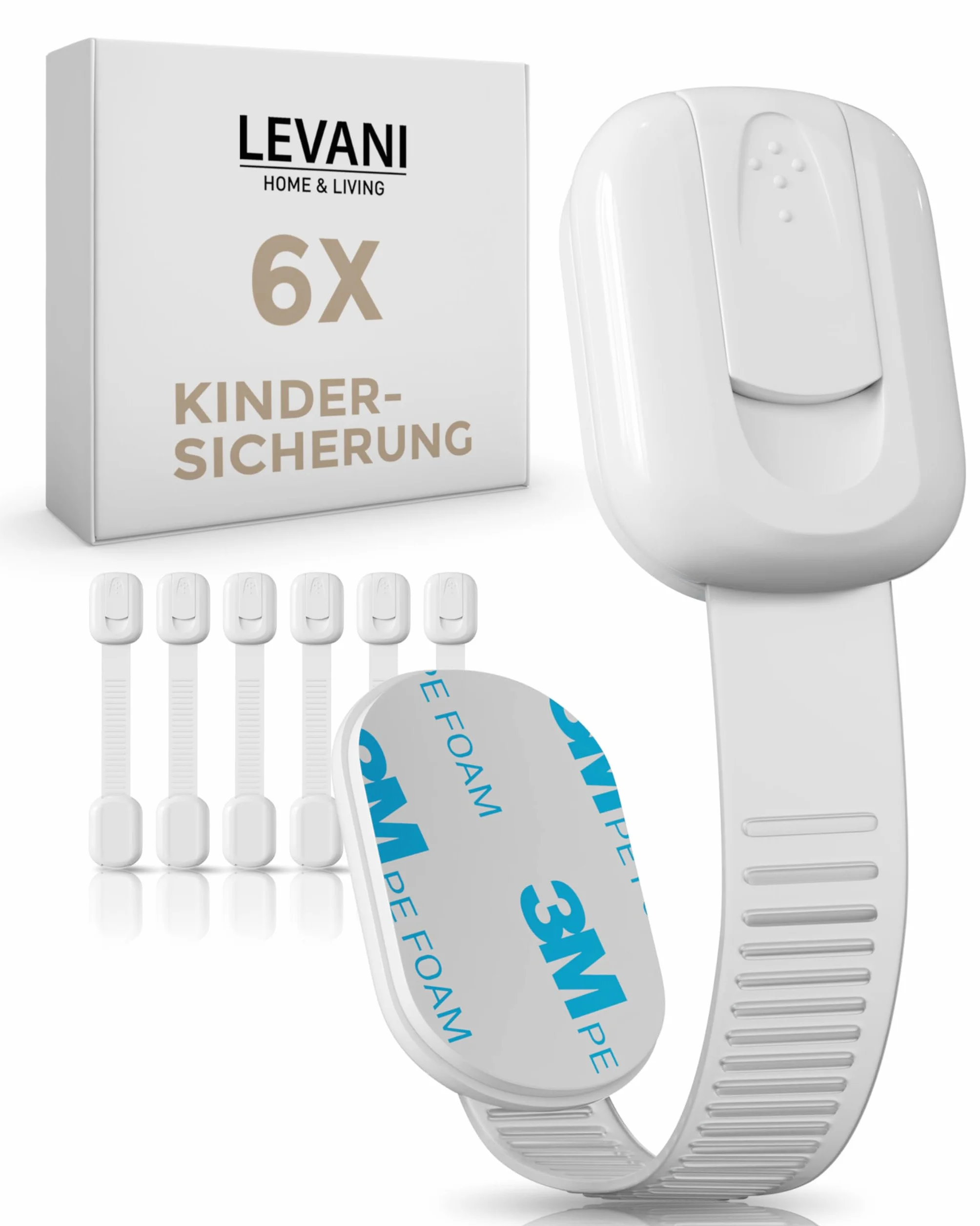 Levani® Zabezpieczenie dziecięce do szafek i szuflad (6 szt.) – Samoprzylepne zamki z klejem 3M – Blokada do szafy, lodówki, kosza i toalety – Bez wiercenia – Ochrona dla niemowląt