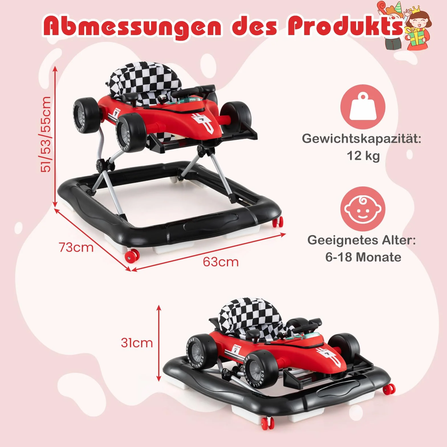 COSTWAY Pomoc w nauce chodzenia 4 w 1, wózek do nauki chodzenia, składany z regulacją wysokości, Baby Walker w kształcie samochodu z kierownicą i pozytywką, wózek z kółkami dla dzieci w wieku 6-18