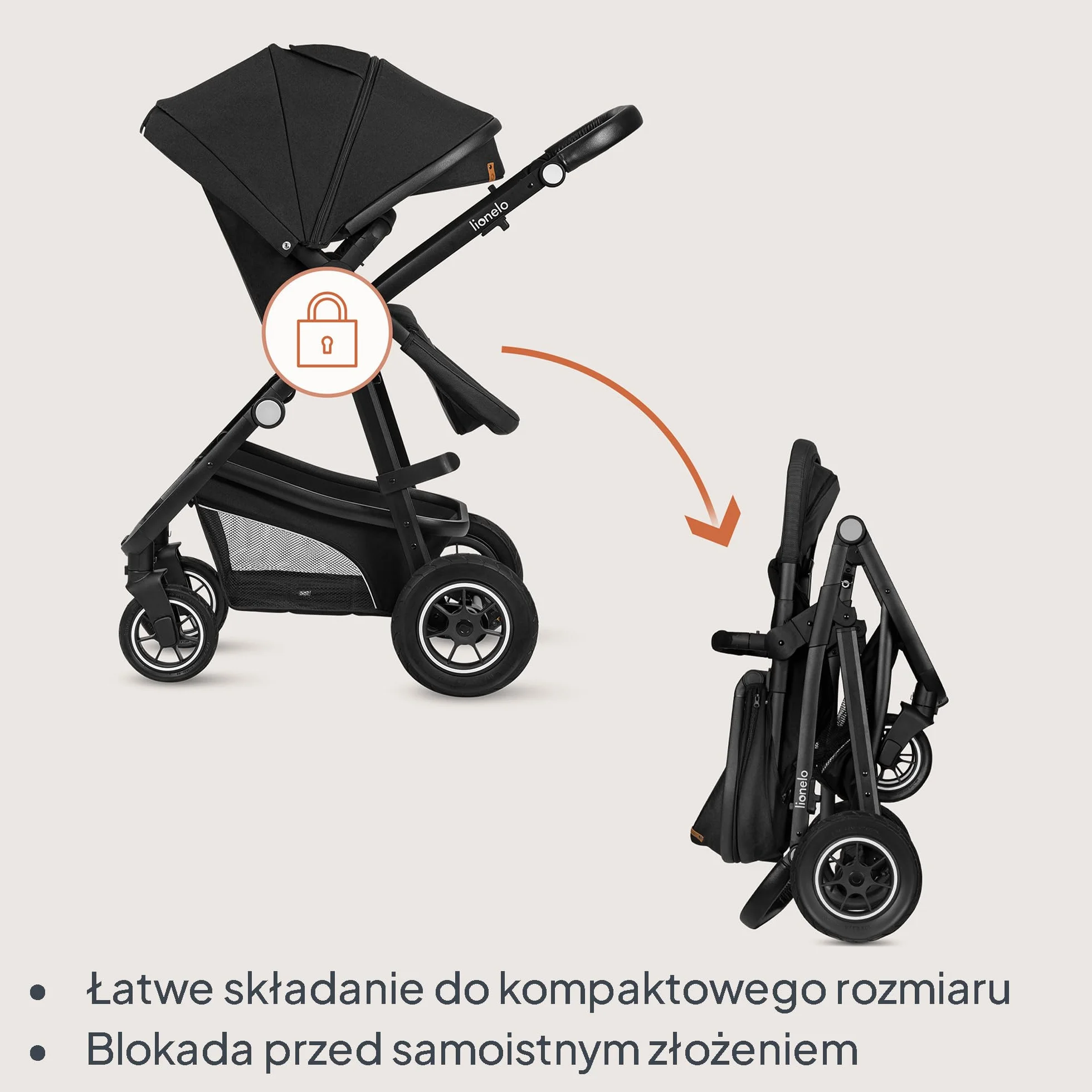 LIONELO BIANKA Wózek Spacerowy Dziecięcy 3 w 1 do 22 kg Gondola Fotelik Samochodowy do 13 kg, Składany, System Podróżny Regulacja Oparcia Koła 360o Amortyzacja, Daszek XXL (Czarny)