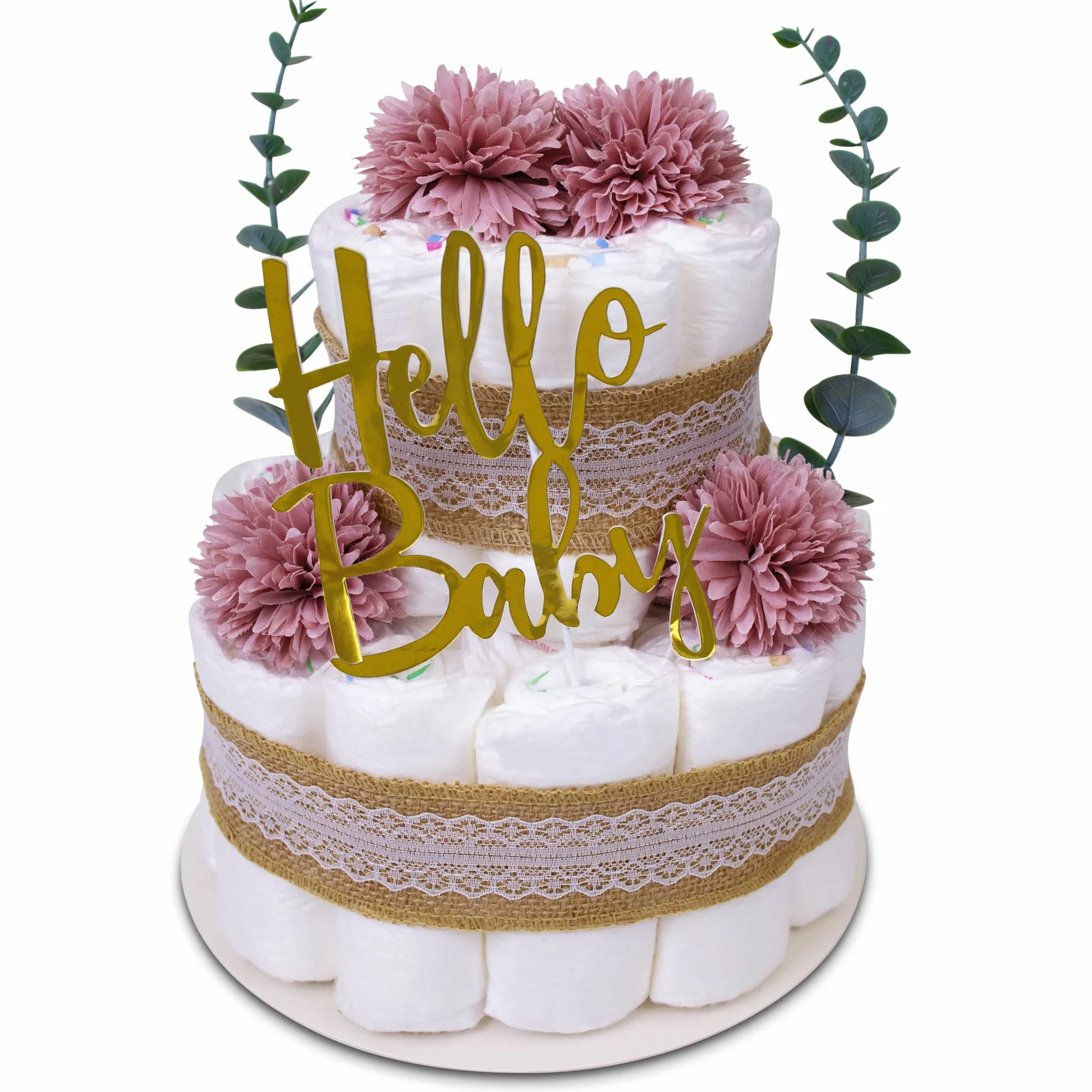 MilaBoo® Tort pieluchy vintage, eukaliptus, liliowy, wysokiej jakości prezent dla noworodka z pieluchami (fioletowy)