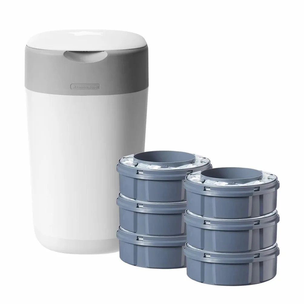 Tommee Tippee Twist and Click Advanced Nappy Bin Starter Set, Eco-Friendlier System with 6x Refill Cassettes with Sustainably Sourced Antibacterial GREENFILM, White