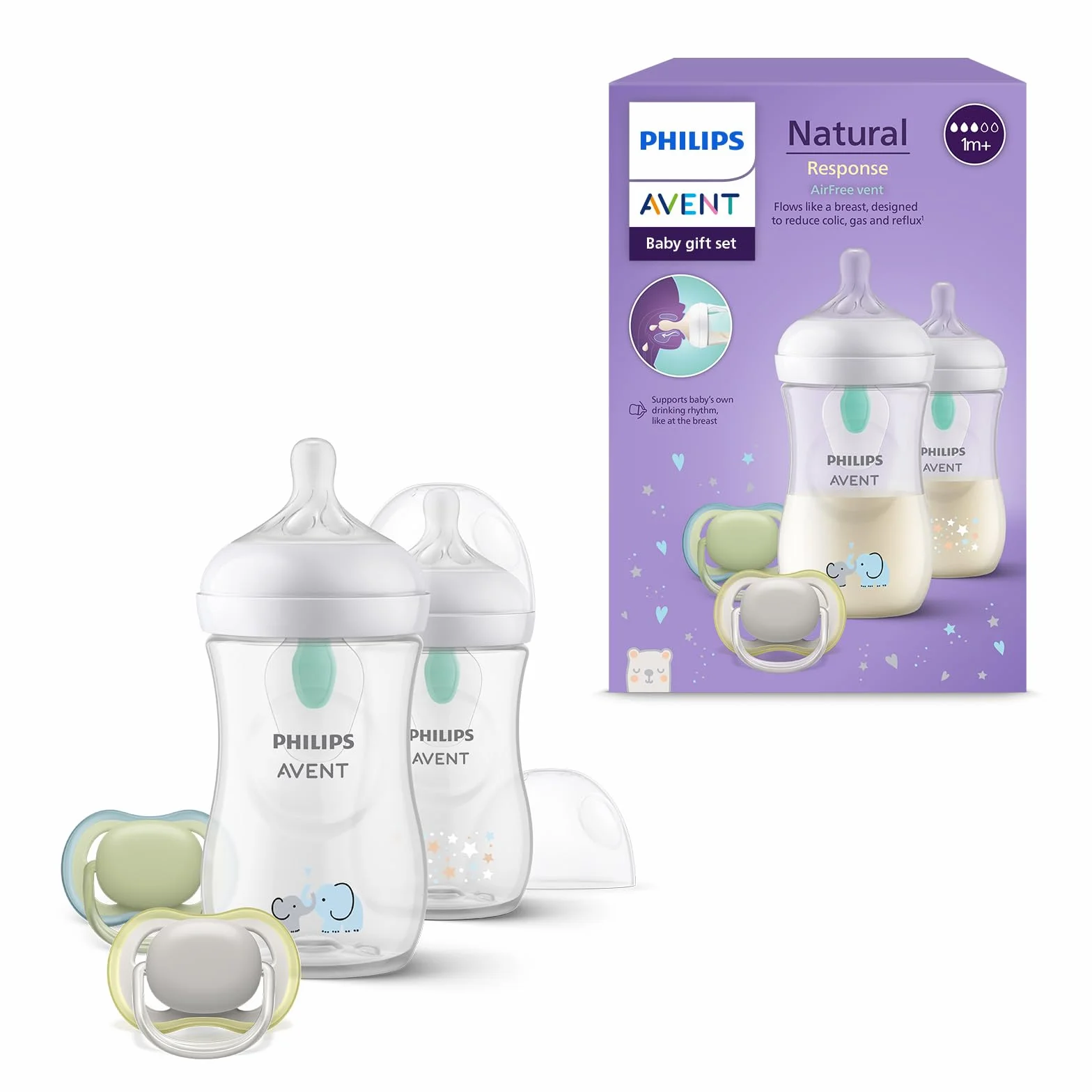Philips Avent Dziecięcy zestaw upominkowy Natural Response: 2 butelki antykolkowe 260 ml ze smoczkami T3 (1mi), 2 smoczki Ultra Air (model SCD657/12)