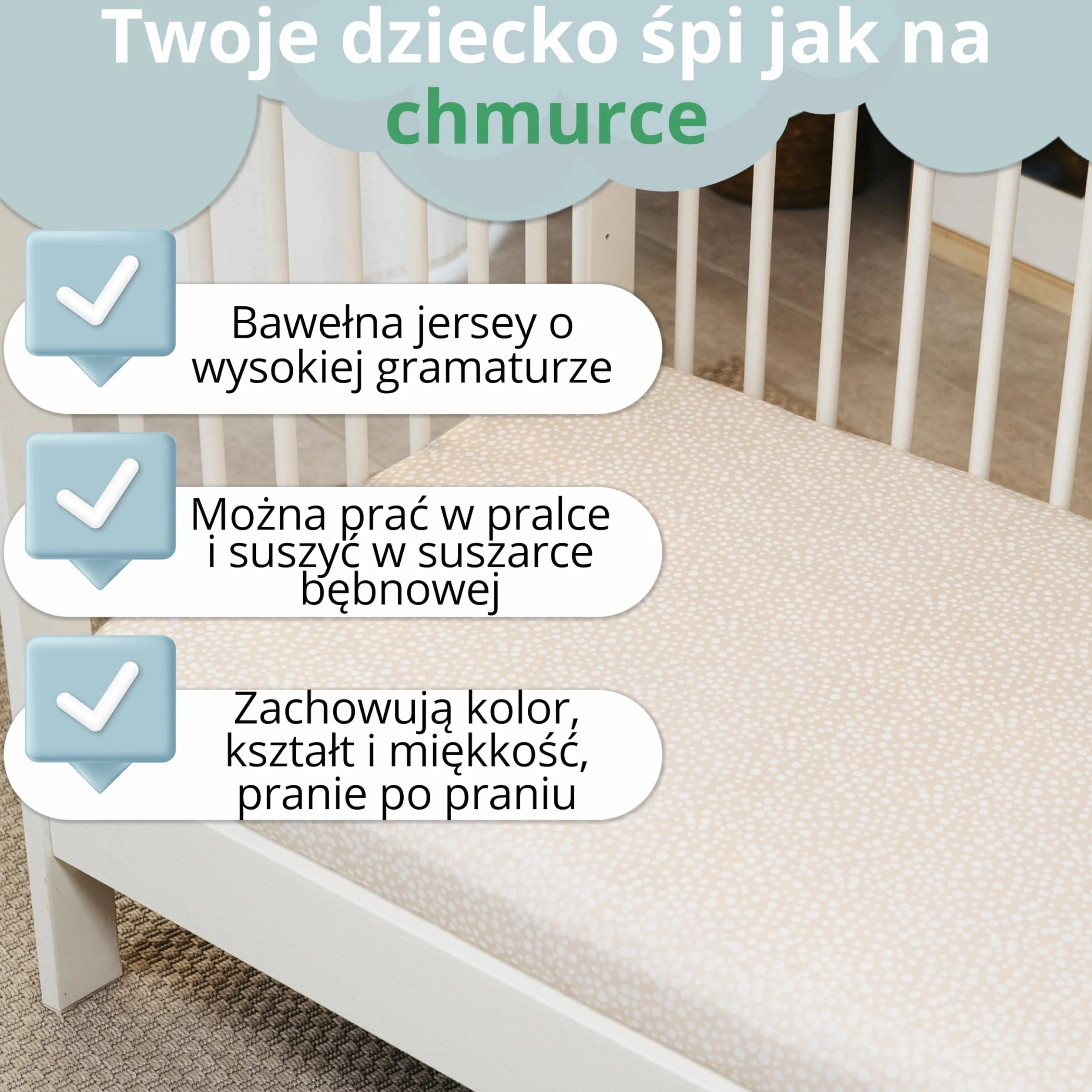 Zestaw Prześcieradeł Łóżeczko Niemowlęce 60x120 / 60x125. 2 Prześcieradła z Gumką z Bawełny Jersey + 1 Wodoodporny Ochraniacz na Materac Frotte. OekoTex. Wzór Beżowy 125x60 / 120x60