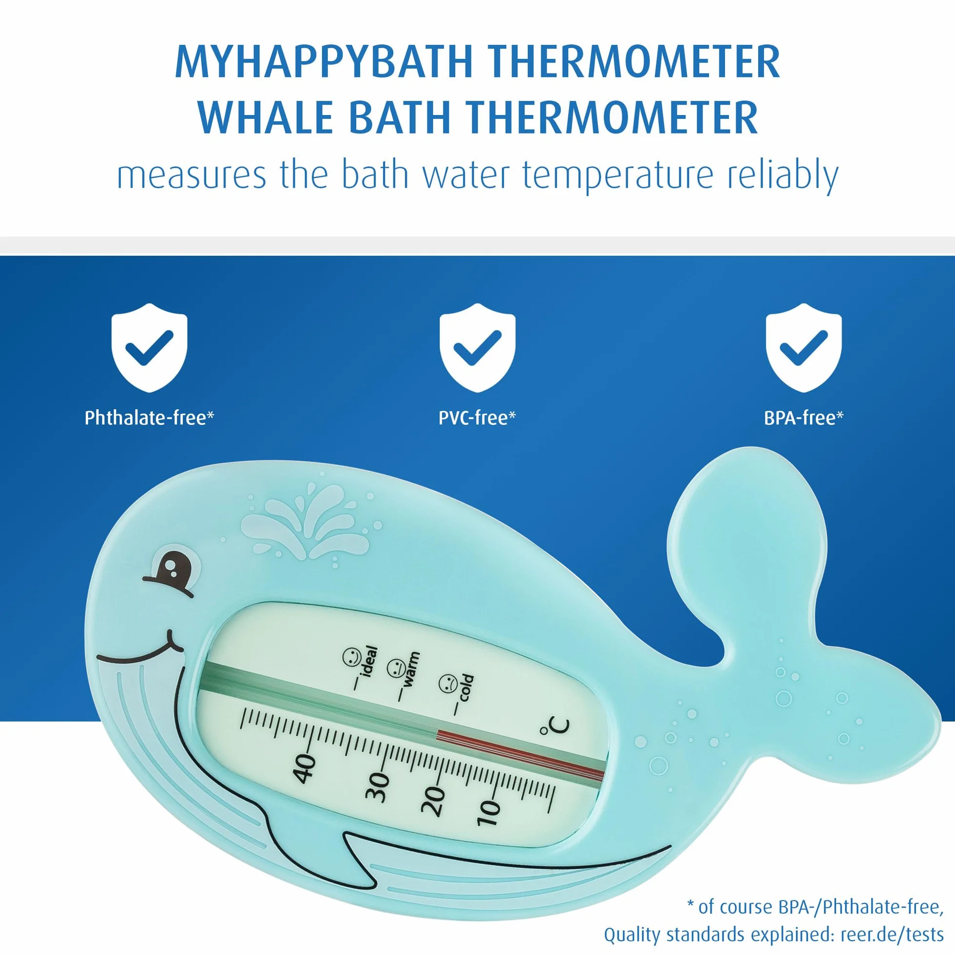 reer MyHappyBath termometr kąpielowy dla niemowląt z wielorybami, bezpieczny, optymalna temperatura