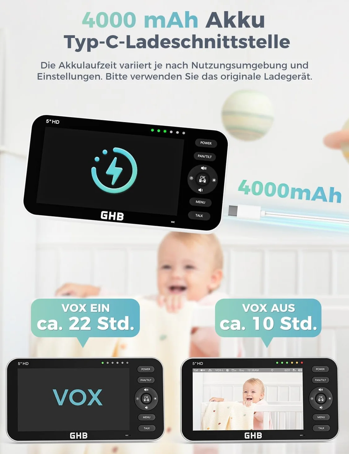 Niania elektroniczna z kamerą 5-calowy wyświetlacz 720P HD IPS akumulator 4000mAh Pan/Tilt 350°/110° VOX noktowizja