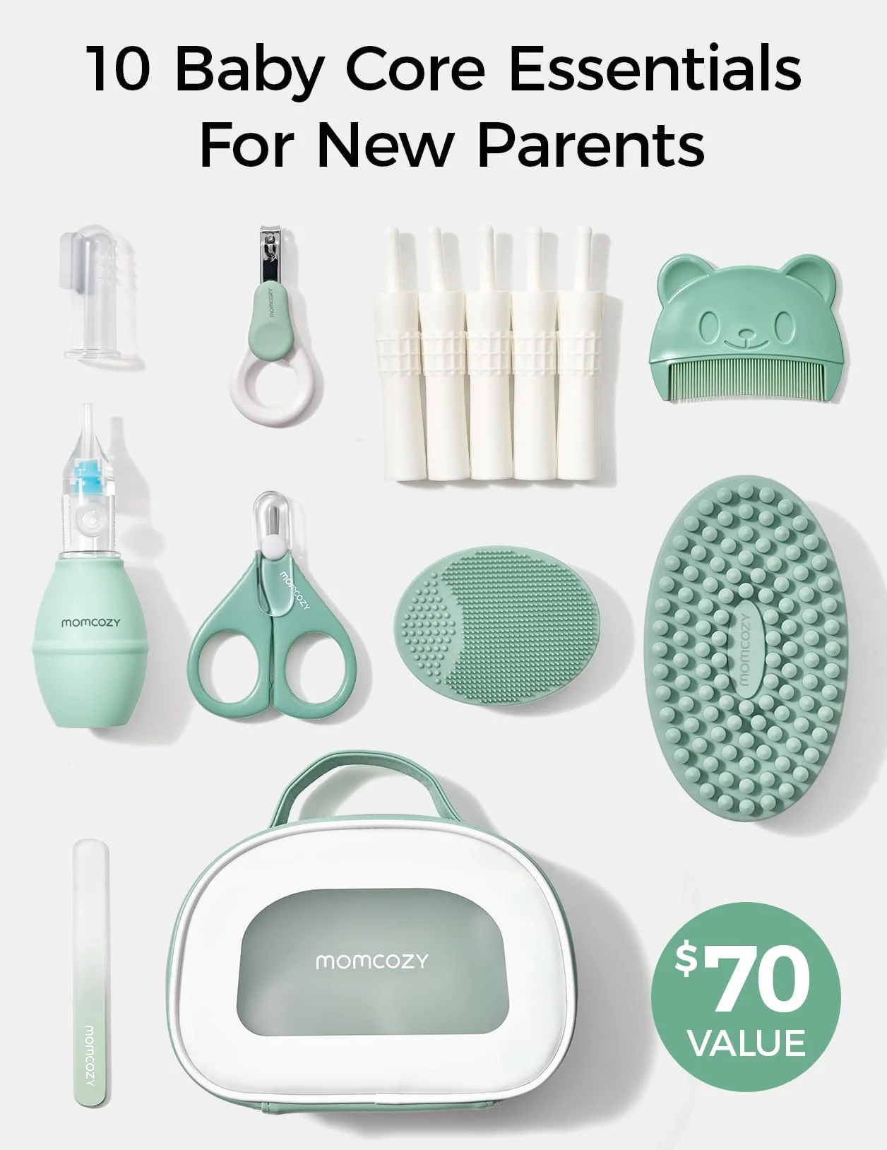 Momcozy Core Baby Kit, podstawowy zestaw dla dziecka do pielęgnacji i zdrowia oraz czyszczenia, zestaw pilniczek do paznokci, aspirator do nosa, rury do odgazowania, szczotki do kąpieli, szczoteczka