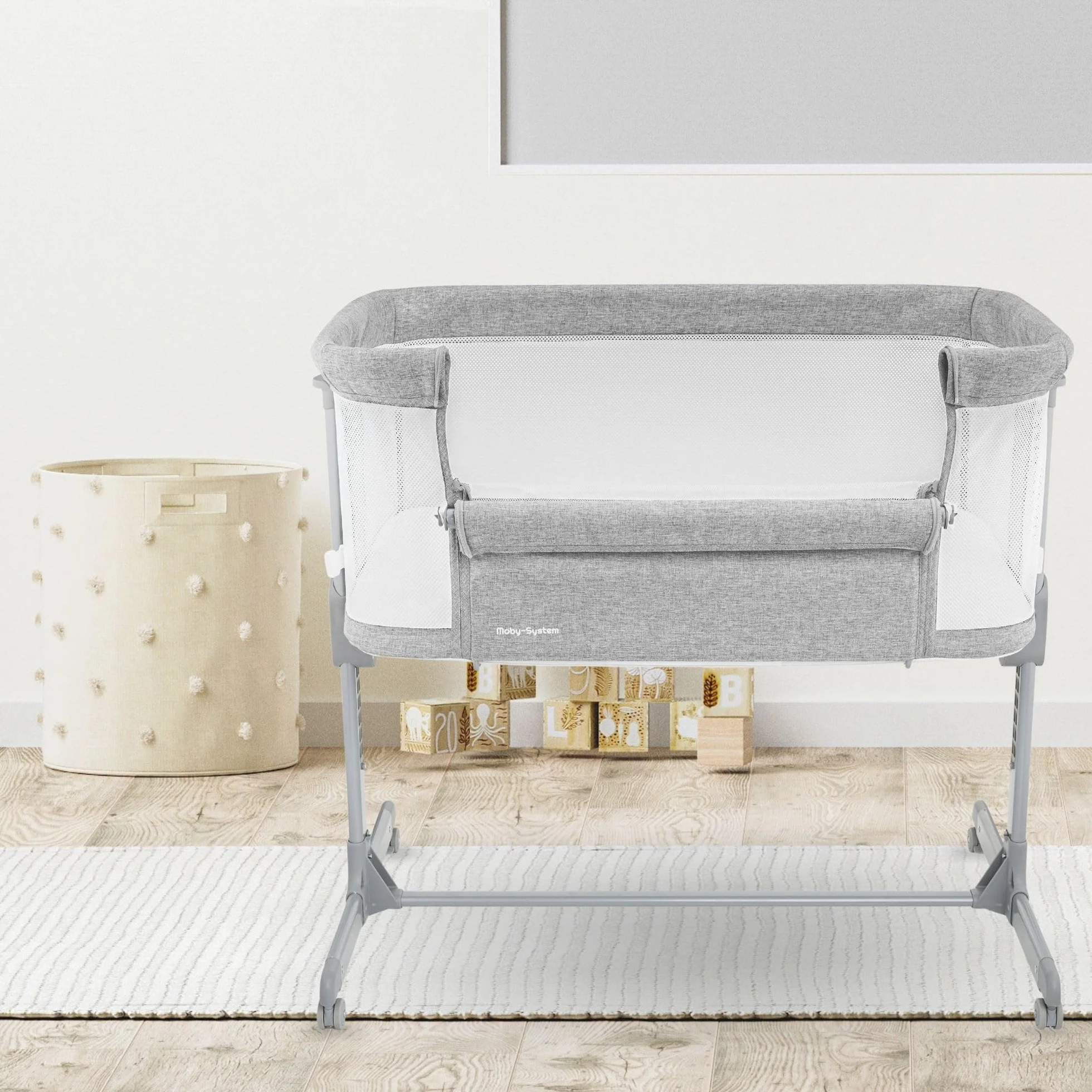 Moby-System Łóżeczko Dostawne LUNA 3w1 Kolor Szary, dla Dzieci do 9 kg, 7-Poziomowa Regulacja Wysokości, 4 Kółka Transportowe, Odpinana Ścianka Boczna