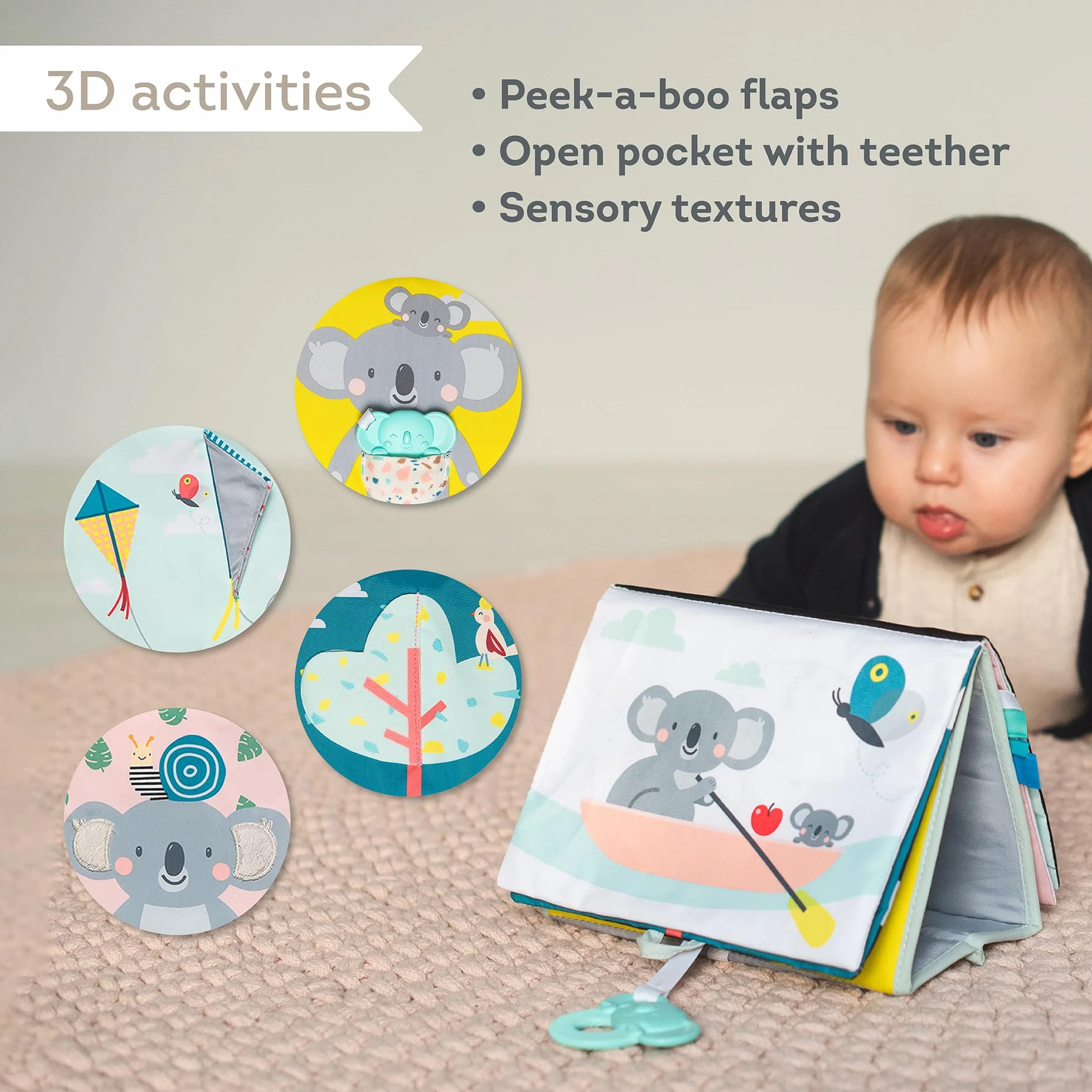 Taf Toys Koala Infant Tummy time Miękka dwustronna książka aktywności. Zawiera lusterko bezpieczne dla niemowląt, marszczone tekstury i miękki gryzak. 0 miesięcy +