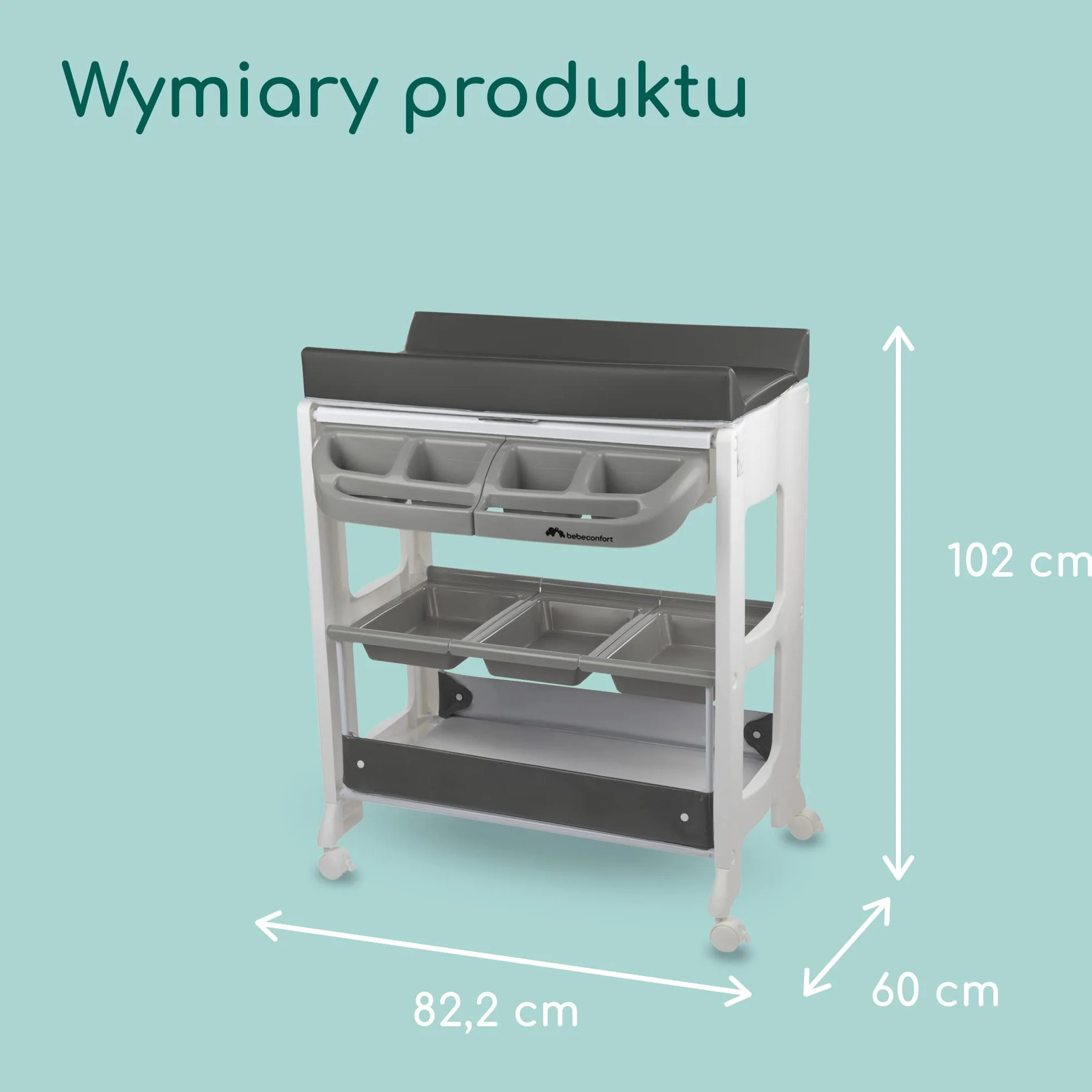 Bebeconfort Dolphy, Przewijak Dla Niemowląt 2 w 1, 0–12 Mies. (Maks. 11 kg), 4 Kółka do Łatwego Przemieszczania, Łatwe Przechowywanie, Kieszenie i Półka, Wyściełany Materac do Przewijania, Grey Mist