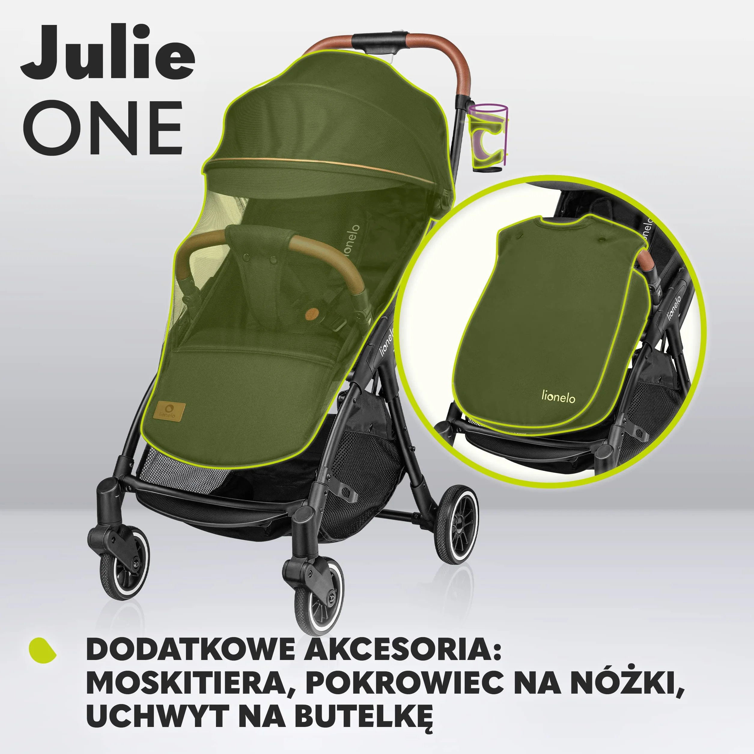 LIONELO Julie One wózek spacerowy do 22kg, regulacja oparcia od pozycji siedzącej do leżącej, regulowany podnóżek, ocieplacz na nóżki, moskitiera, torba do transportu