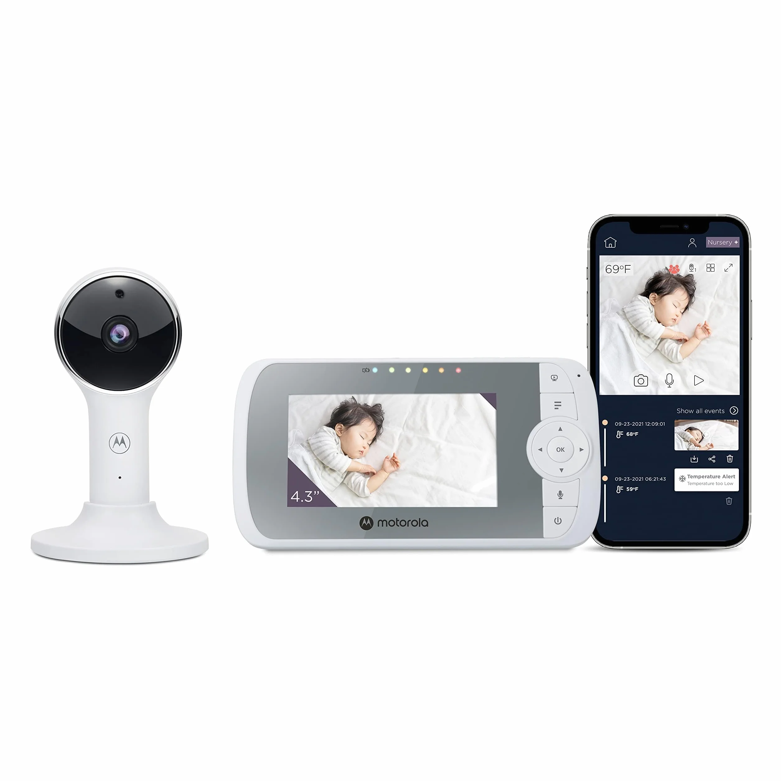 Motorola VM64 Elektroniczna niania 4,3" WiFi Video Monitor z kamerą, aplikacją, uchwytem magnetycznym, 2-drożne audio