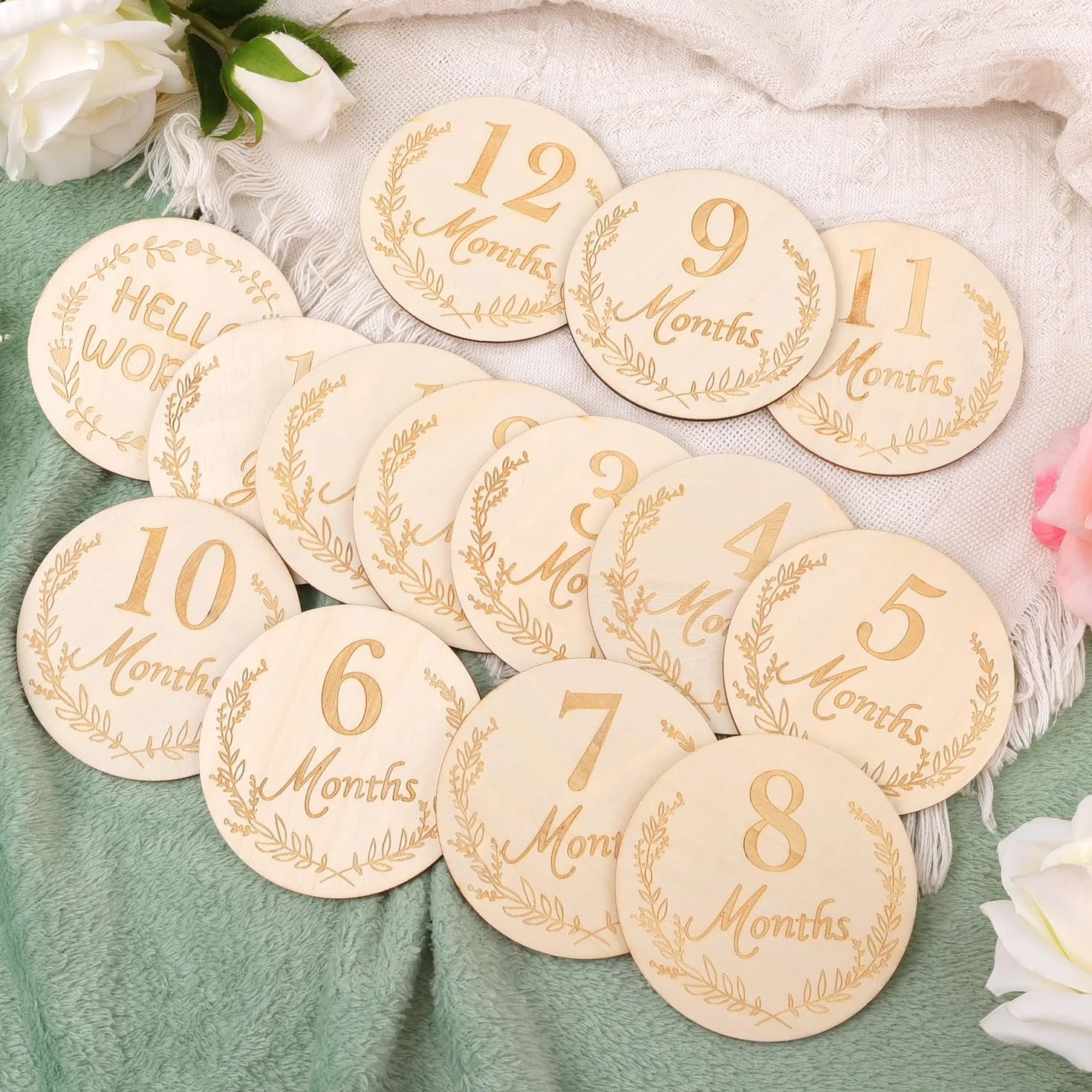 14 Kartek Miesiecznych dla Dzieci, Drewniany Krazek Tabliczki dla Dzieci w Wieku 1-12 Miesiecy Tabliczki dla Noworodków na Baby Shower Dekoracje na Pierwsze Urodziny (Styl 1)