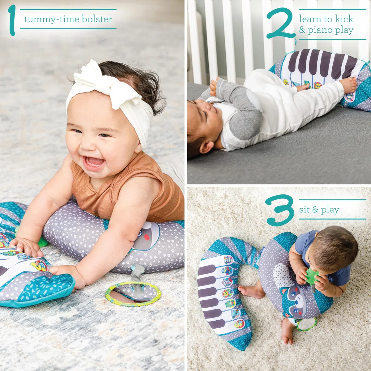 Infantino 3-in-1 Tummy Time Pillow and Piano - Bolster Pillow with Piano and 2 Removable Toys for Cause and Effect Recognition and Motor Skill Development