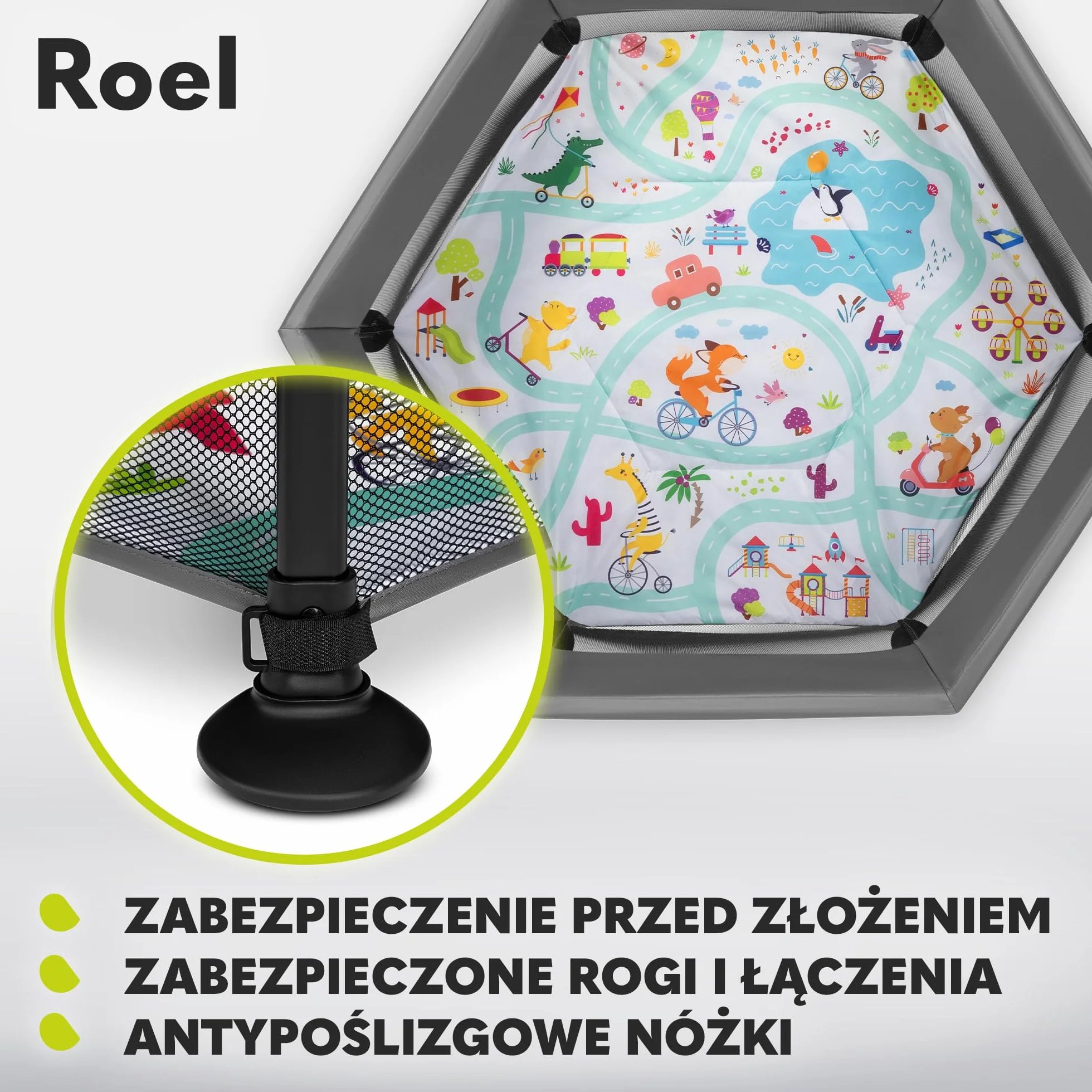 LIONELO Kojec dla dzieci 136 x 86 cm Sześciokątny LockGuard Składany Antypoślizgowy