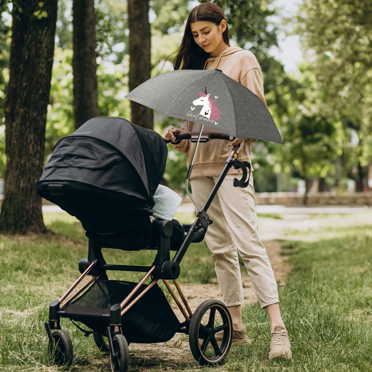 PERLETTI Uniwersalna Parasolka Przeciwsłoneczna do Wózka Anti-UV 50+ - Parasol Słońce Deszcz dla Niemowląt Dzieci - Mini Parasolka Ręczna do Wózka Dziecięcego Szara - Średnica 68 cm (Koń na Biegunach)