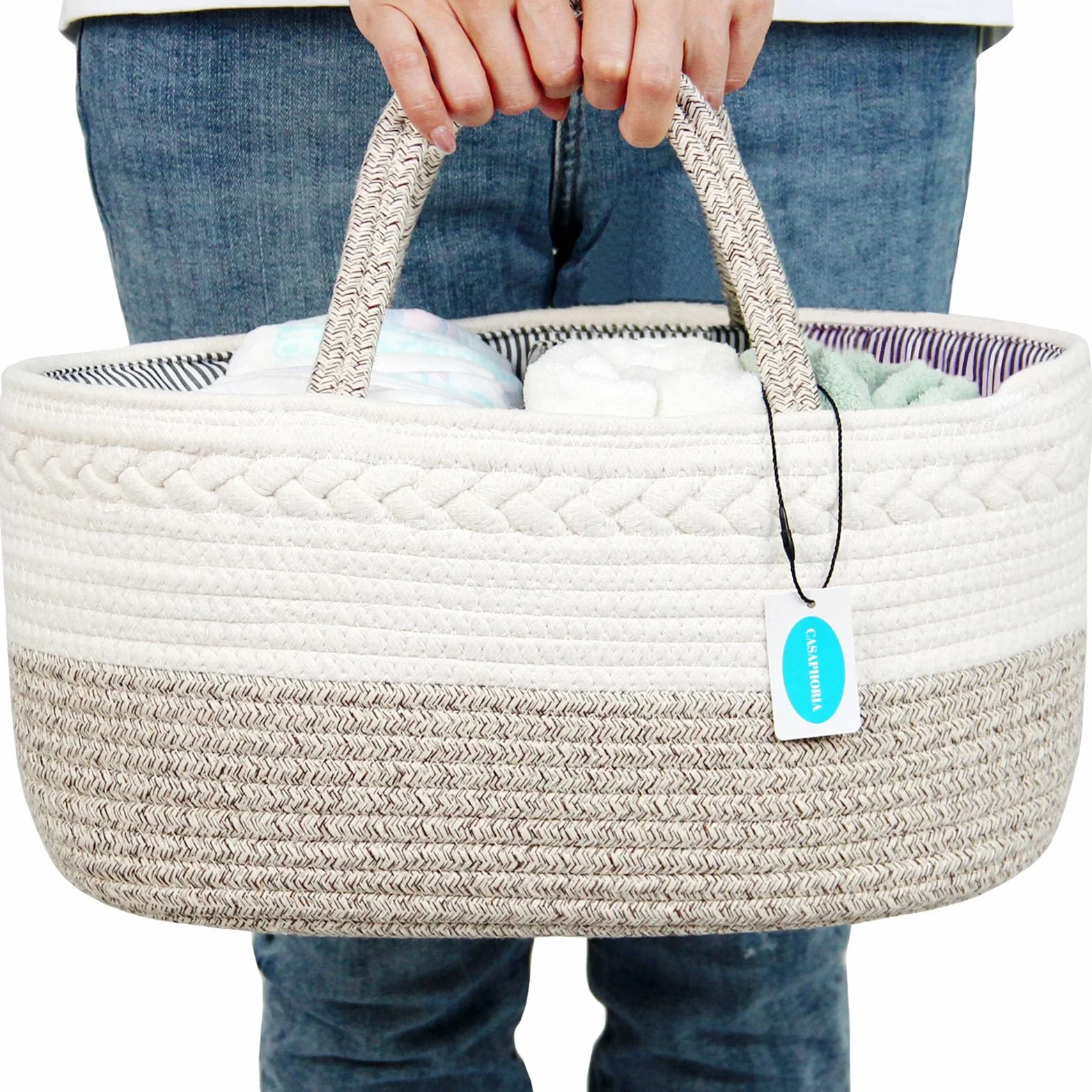 Casaphoria Caddy Organization tkany kosz z bawełnianej liny kosz do przechowywania lub prezent, miękki okrągły kosz z uchwytem, materiał bawełniany, jasnobrązowy (39 cm x 25 cm x 19 cm)