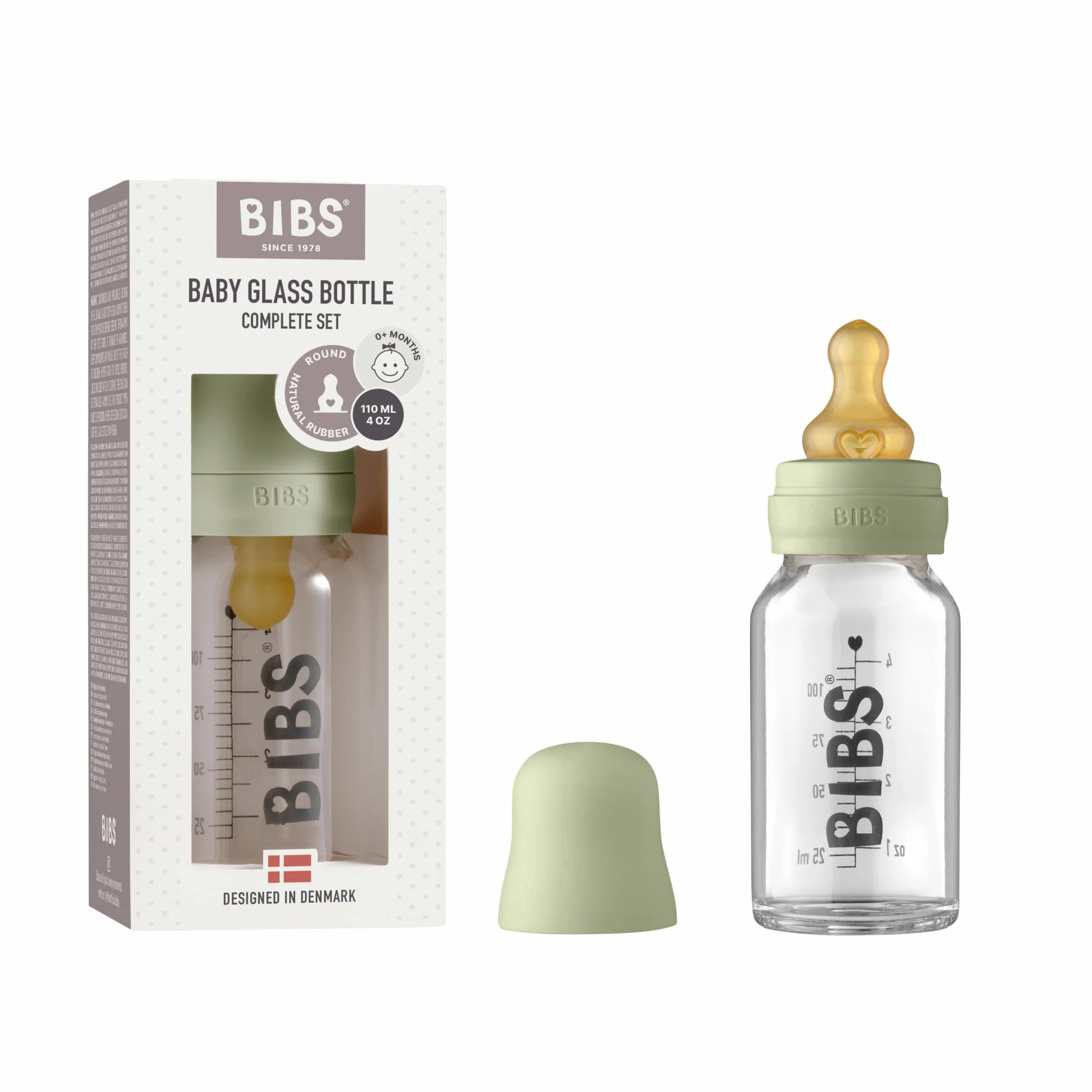 Butelka szklana BIBS. Antykolka. Okrągły smoczek z naturalnego lateksu kauczukowego, wspomaga naturalne karmienie piersią, kompletny zestaw - 110 ml, szałwia