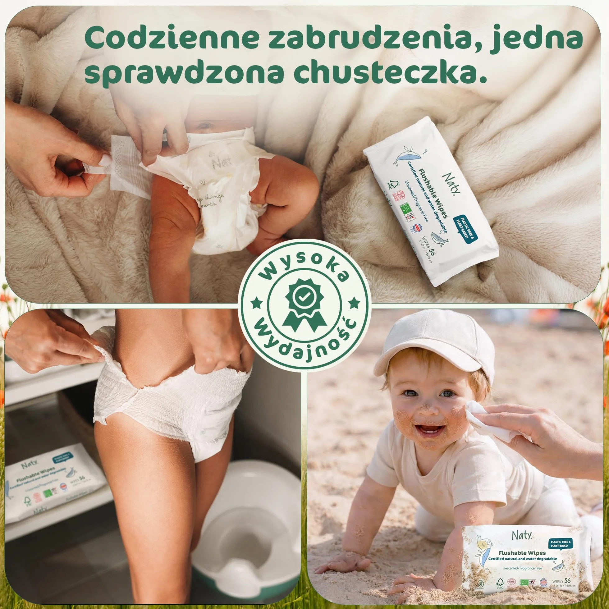 Chusteczki Nawilżane Spłukiwalne | 98% Wody, Hipoalergiczne & Naturalne dla Wrażliwej Skóry | Bez Zapachu, Roślinne | Delikatne Chusteczki Noworodek & Małe Dziecko | 168 sztuk (3 op.)