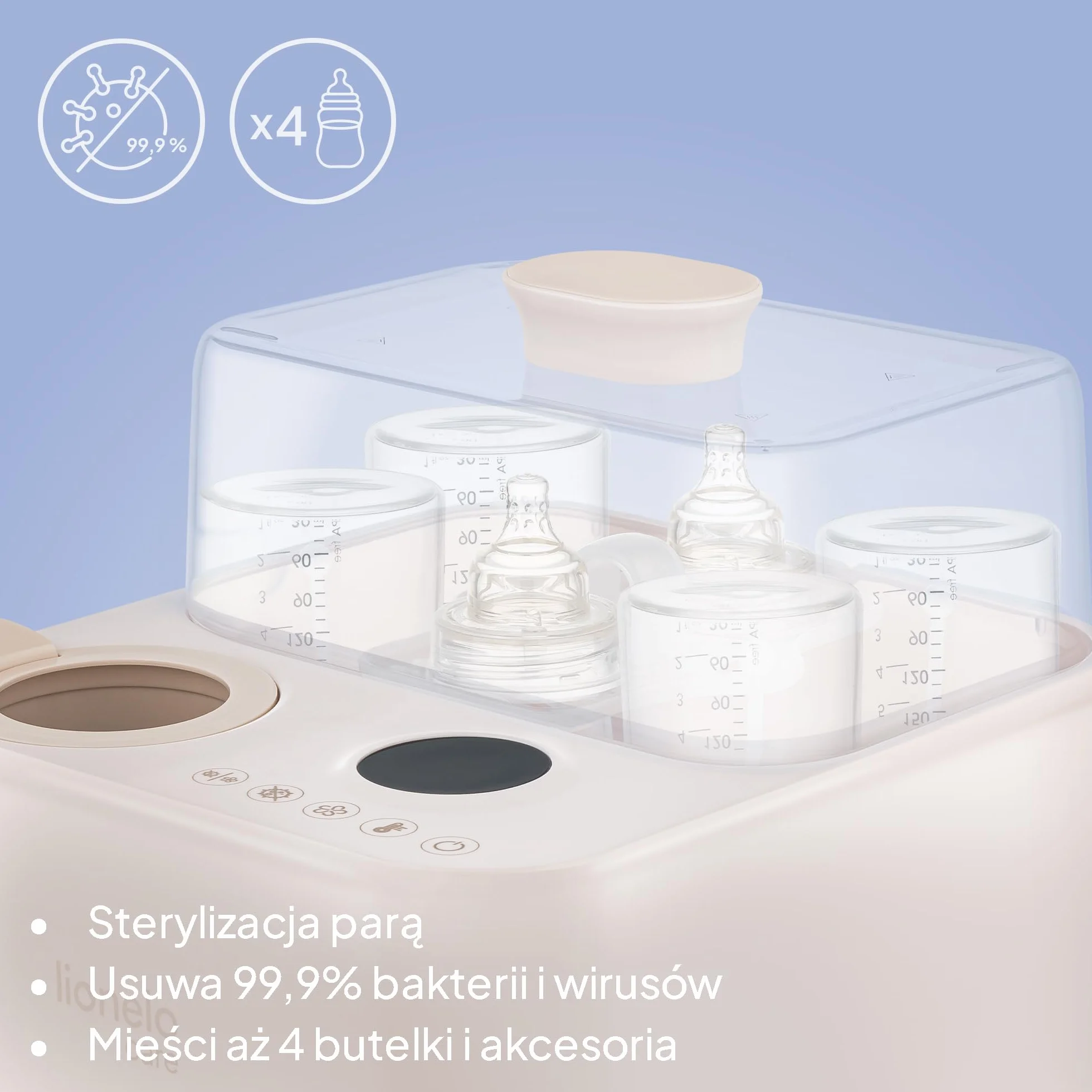 Lionelo SteamUp sterylizator 3 w 1 do butelek dla niemowląt z suszarką i ogrzewaczem butelek dla niemowląt, sterylizator parowy na 4 butelki, 99,99% redukcja zarazków, panel dotykowy, automatyczne