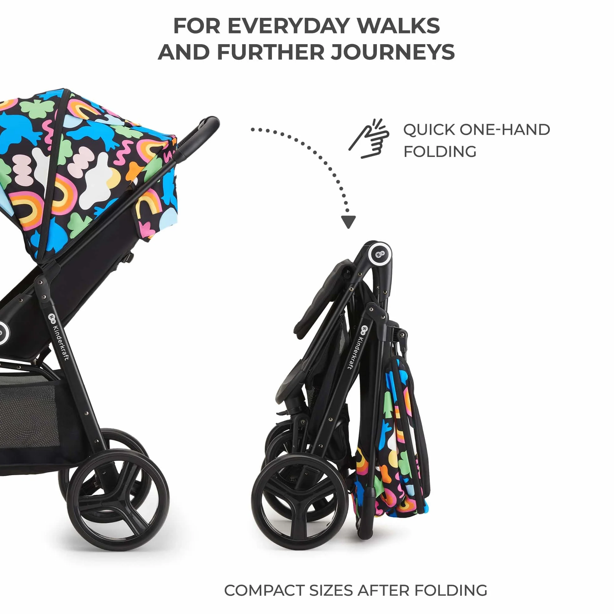 Kinderkraft GRANDE PLUS Wózek laskowy od urodzenia do 22 kg, składane jedną ręką, wydłużona pozycja, wysuwany kaptur, 4 amortyzowane koła, Happy Shapes