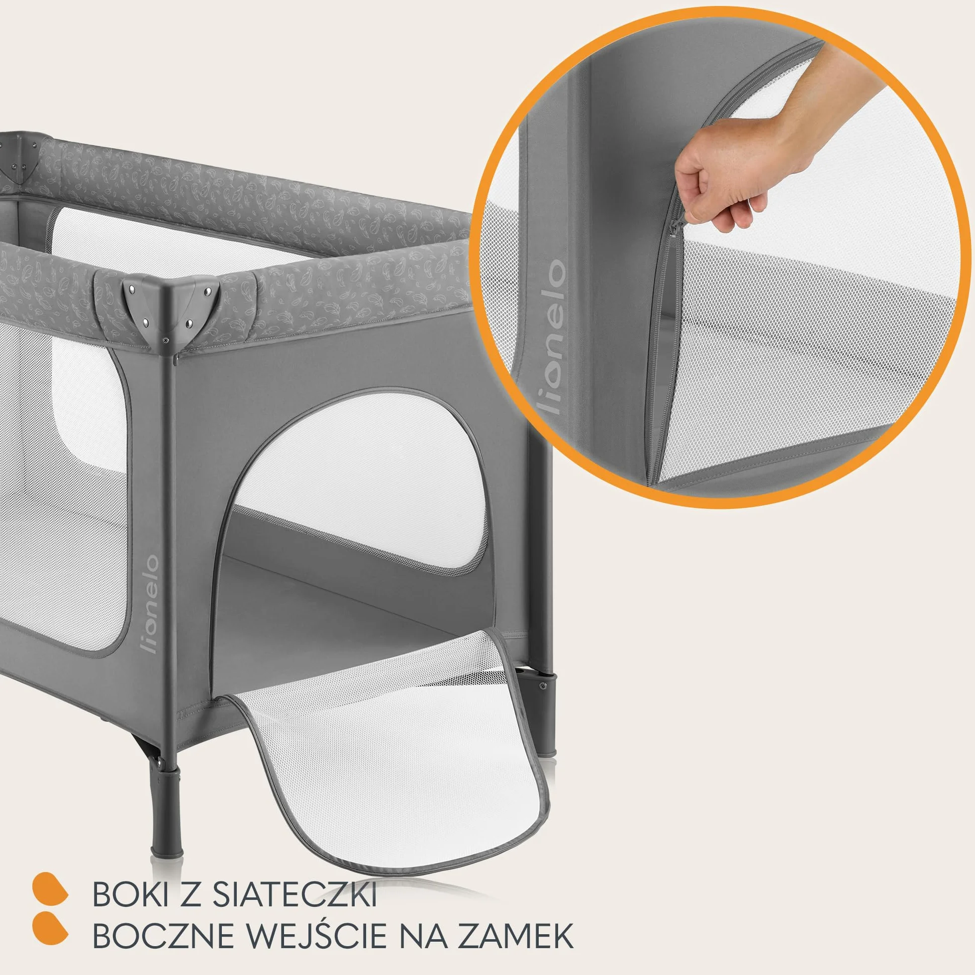 LIONELO Jasmin Easy Fold Łóżeczko Turystyczne Dziecięce do 15 kg od 0 do 36 miesięcy Piankowy Materac T25, 2 Poziomy Wysokości, Szybkie Składanie Easy Fold, Boczne Wejście, Kółka (Szary)