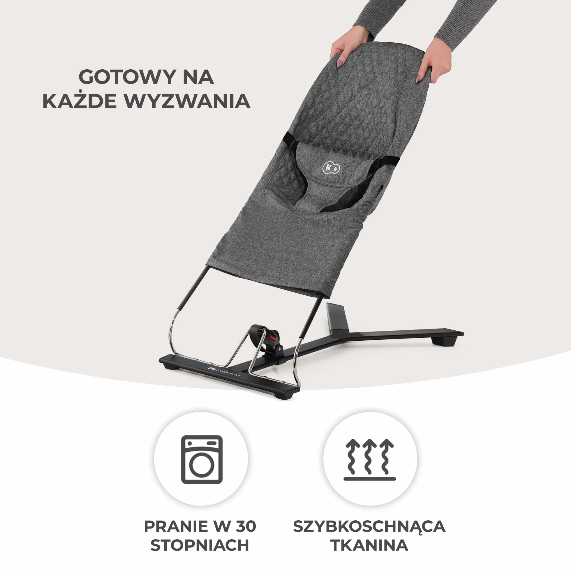 Kinderkraft Leżaczek MIMI, Bujaczek, Pałąk z zabawkami, Naturalne kołysanie, Kompaktowy po złożeniu, Pasy bezpieczeństwa, Beżowy