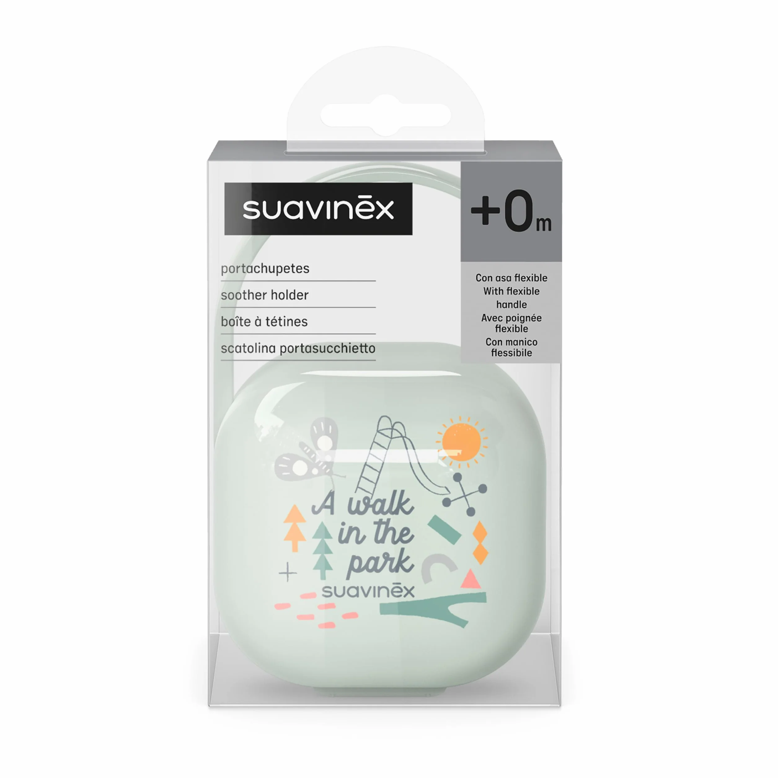 Suavinex, Pudełko na smoczek o pojemności na 2 smoczki. Pokrowiec na smoczek, pudełko na smoczek z elastycznym uchwytem, etui na smoczek, dla dzieci +0 miesięcy, zielony spacer