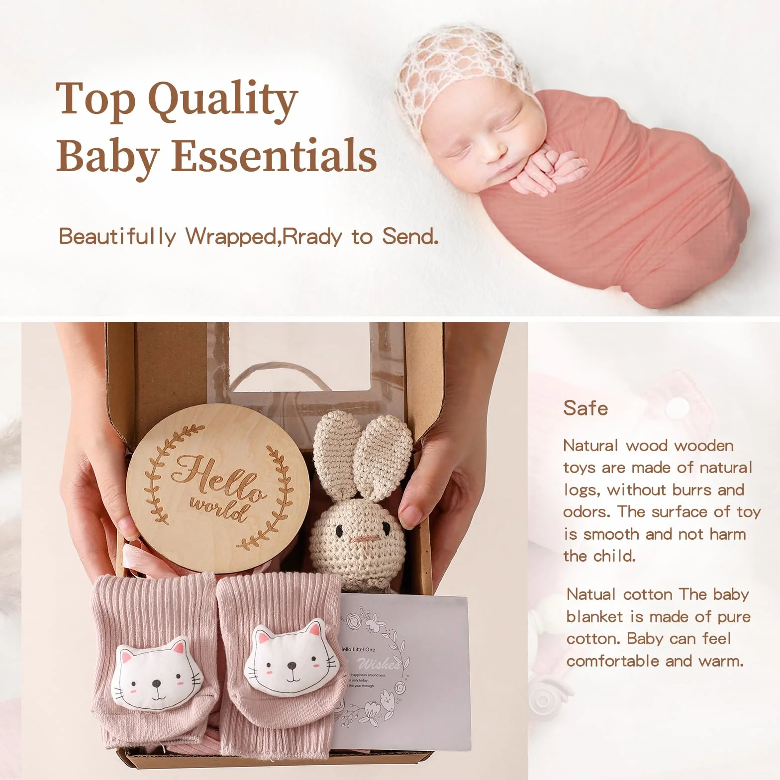 WOODEN TEETHER Zestaw 10-częściowy dla dziewczynki, prezent dla dziewczynki i chłopca dla noworodka, ręczniki kąpielowe, uchwyt na smoczek, dzwoneczek, kartki z kamieniami milowymi, fartuchy