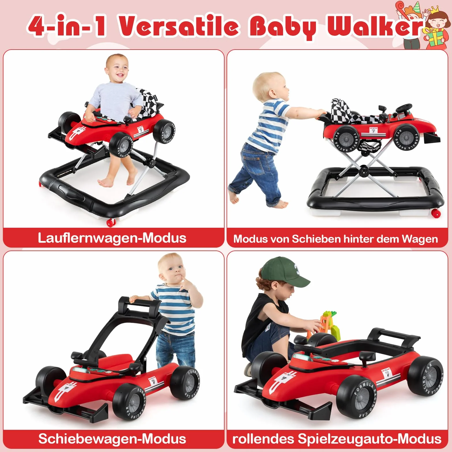 COSTWAY Pomoc w nauce chodzenia 4 w 1, wózek do nauki chodzenia, składany z regulacją wysokości, Baby Walker w kształcie samochodu z kierownicą i pozytywką, wózek z kółkami dla dzieci w wieku 6-18