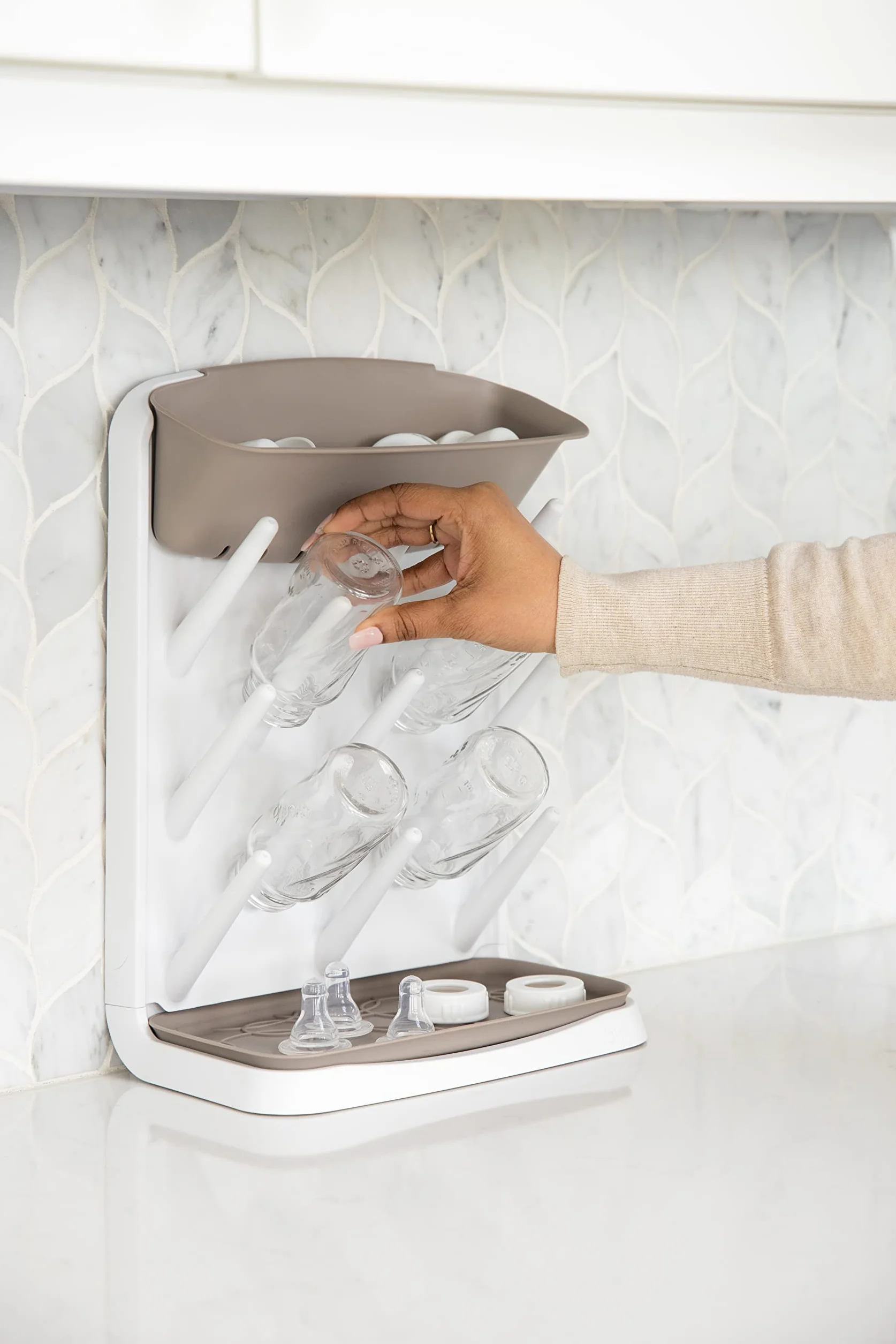 Ubbi Vertical Baby Bottle Drying Rack, Space Saving Countertop Drying Rack Baby Accessory, taupe