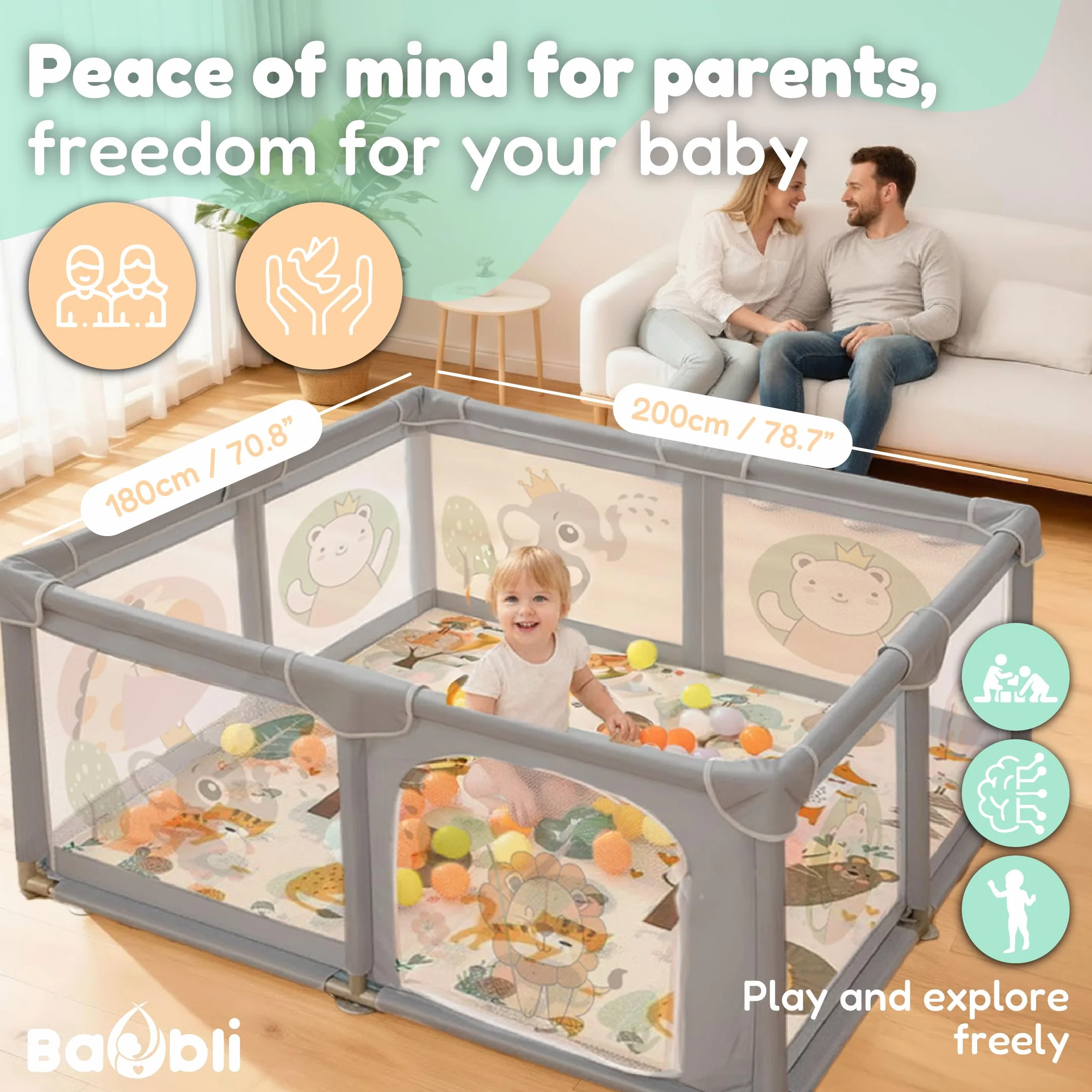 Kojec dla dzieci + mata dla dzieci + 60 piłek + uchwyty + torby transportowe - kojec dla dzieci z oddychającą siatką - plac zabaw dla dzieci - Playpen dla dzieci (180x200cm)