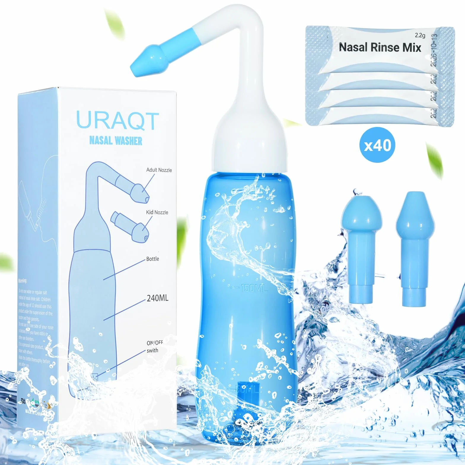 URAQT Neti Pot, zestaw do płukać nosa, butelka zatoka 240 ml z 40 pakietami soli, dla dorosłych i dzieci, ulga w zatokach