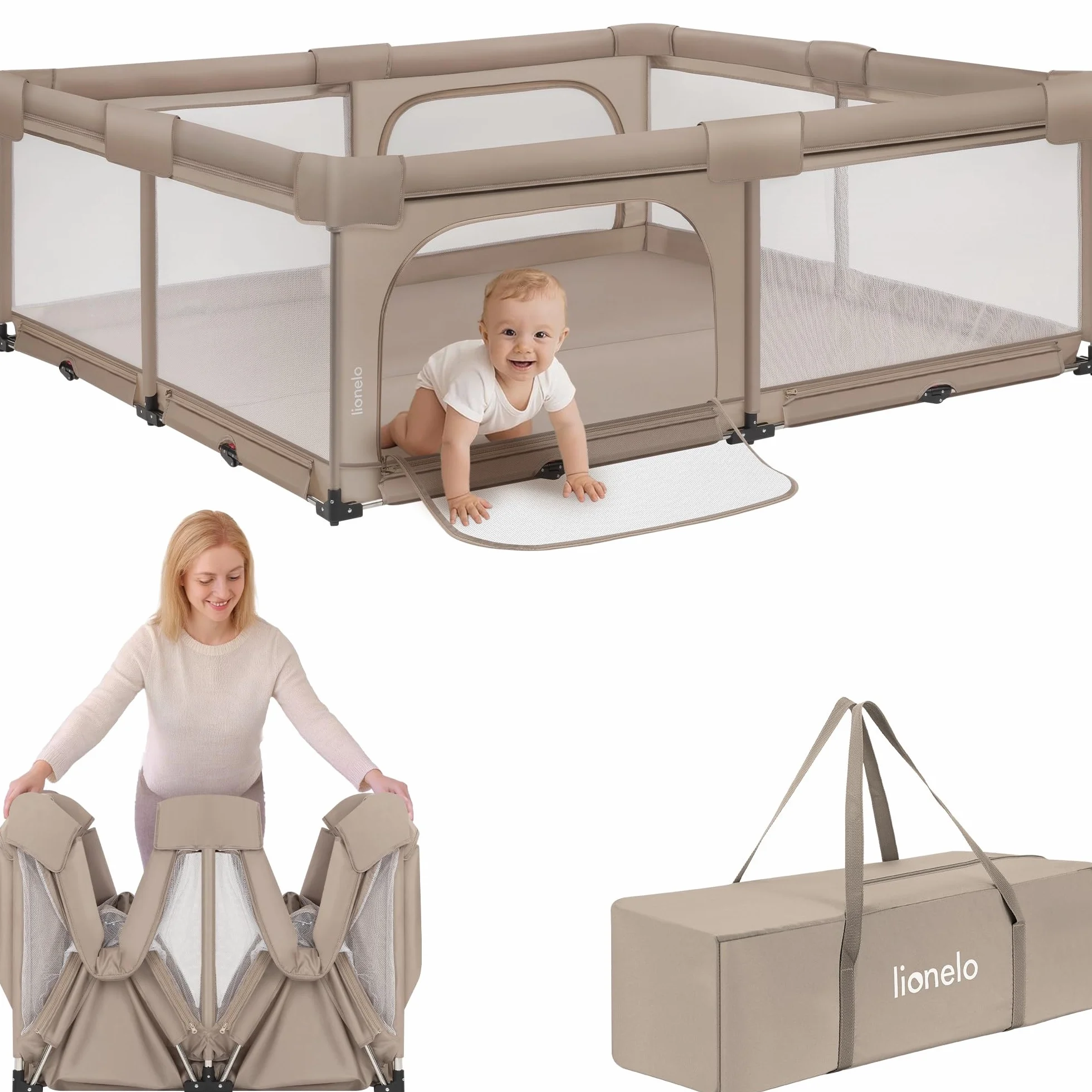 Lionelo Florence XL Easy Fold Kojec dla niemowląt, 180 x 200 cm, składany kojec dla niemowląt, bez montażu, 2 wejścia boczne z zamkiem błyskawicznym, oddychająca siatka, miękkie krawędzie, torba