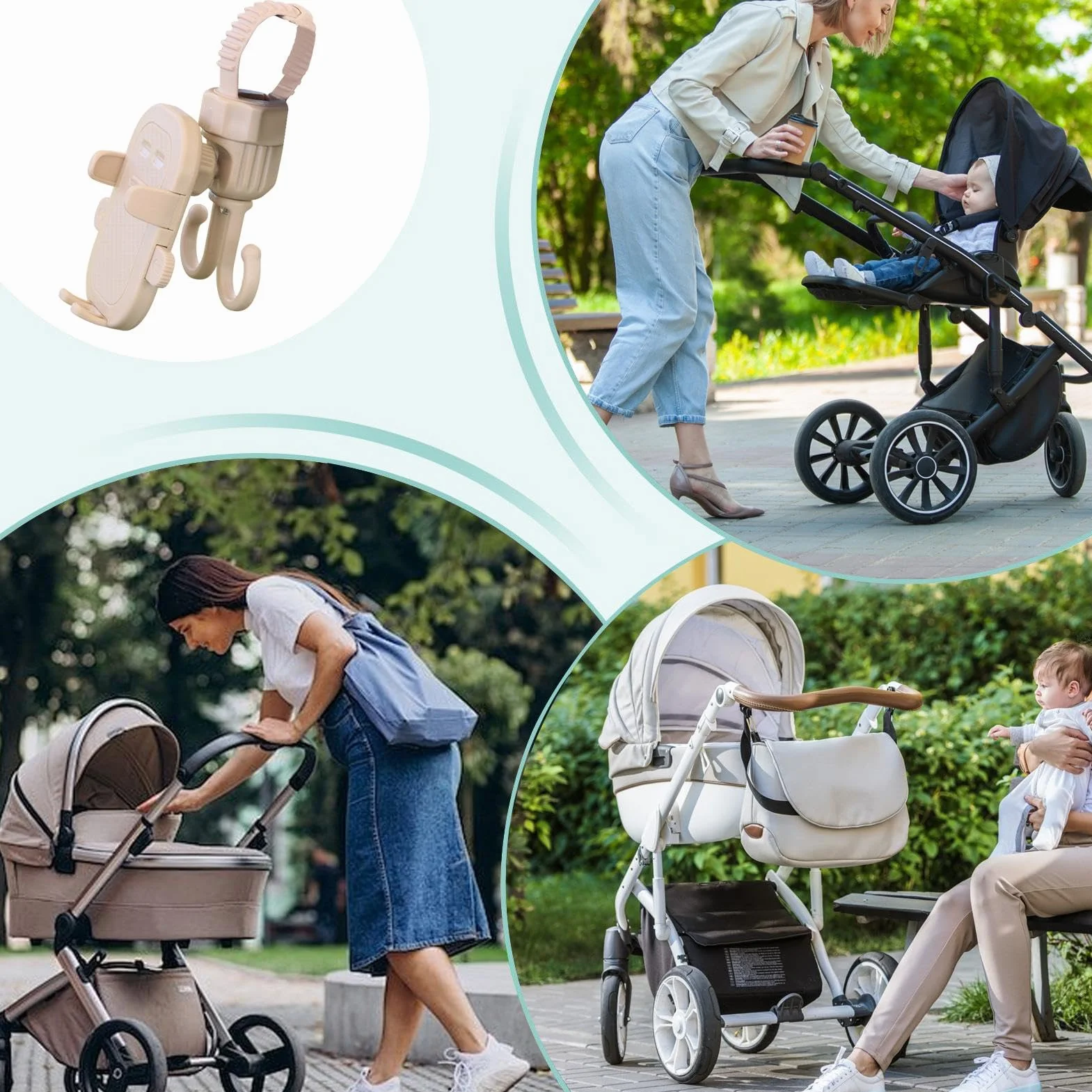 Stroller Phone Holder, 2-in-1 Smartphone Stand Stroller Hook, Multifunctional Holder, Secure Adjustable Grip Bag Hooks for Strollers, Grocery Carts, Bikes 15.5x8.5cm