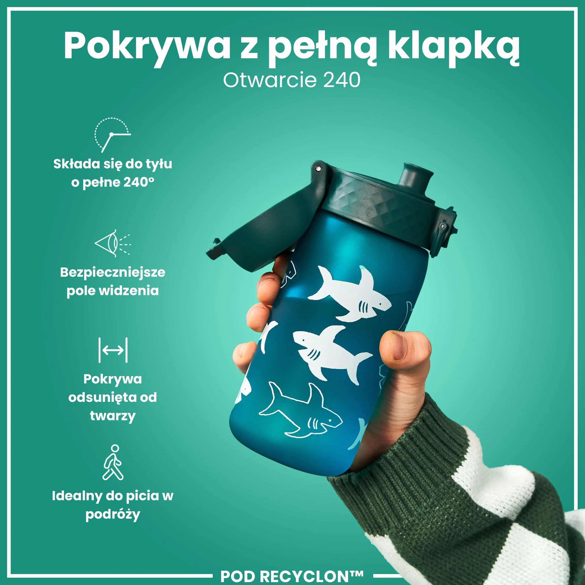 ION8 Butelka dla Dzieci, 350 ml/12 oz, Szczelna, Łatwa do Otwarcia, Bezpieczny Zamek, Można Myć w Zmywarce, Bez BPA, Uchwyt do Przenoszenia, Łatwa do Czyszczenia, Bezwonny, Rekiny