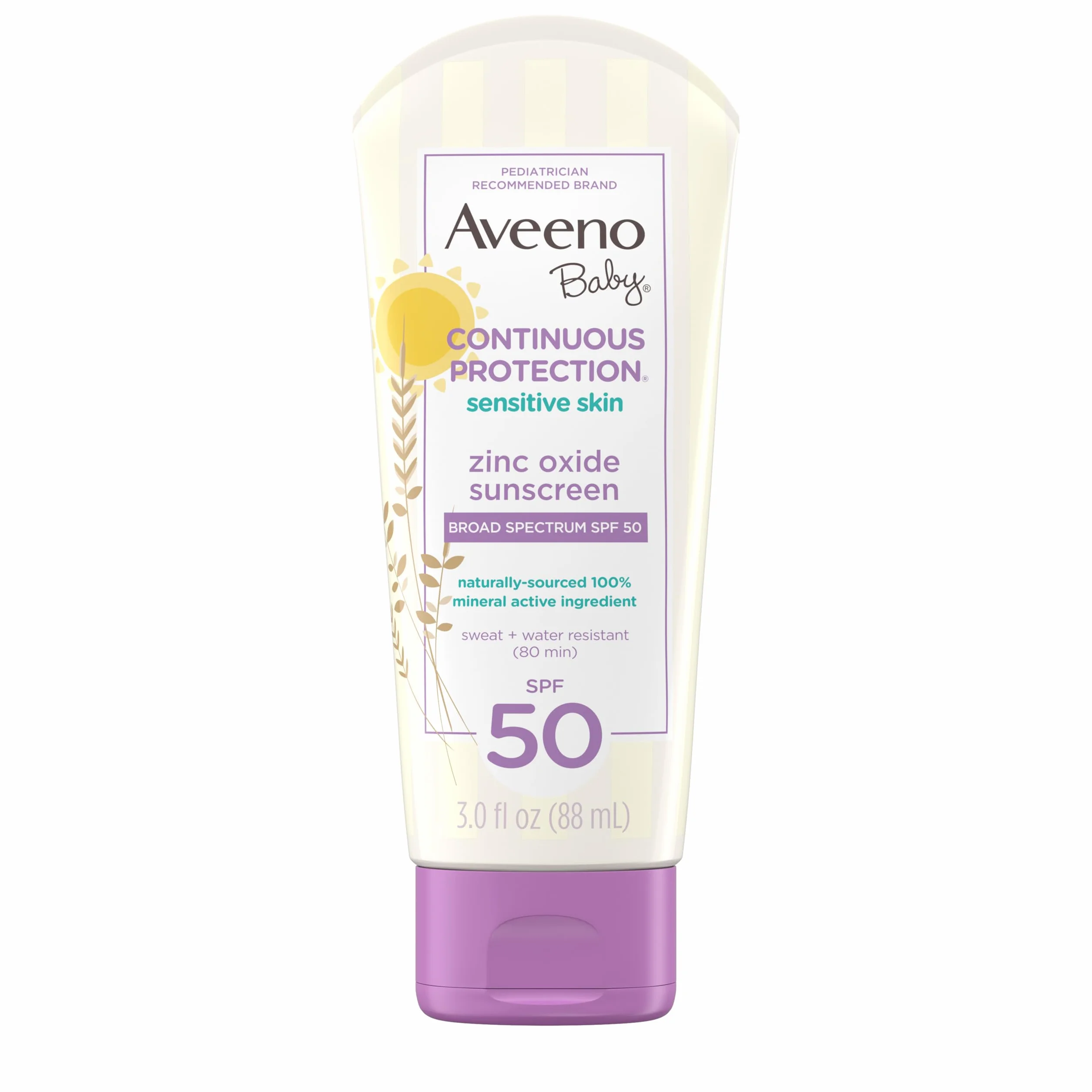 Aveeno Baby Ciągła ochrona przed słońcem balsamem z rdzą cynkową z płynem SPF 50, odporny na pot i wodę, 3,0 Fl. Oz