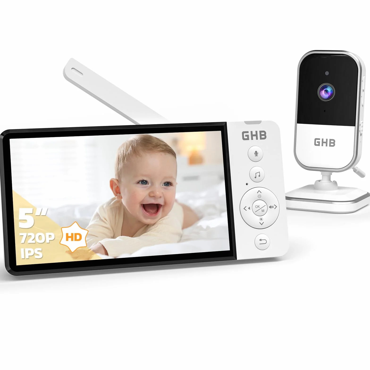 GHB Babyphone Camera 5" 720P HD 5000mAh ekran IPS VOX czujnik temperatury 4-krotny zoom dwukierunkowy dźwięk regulowana głośność